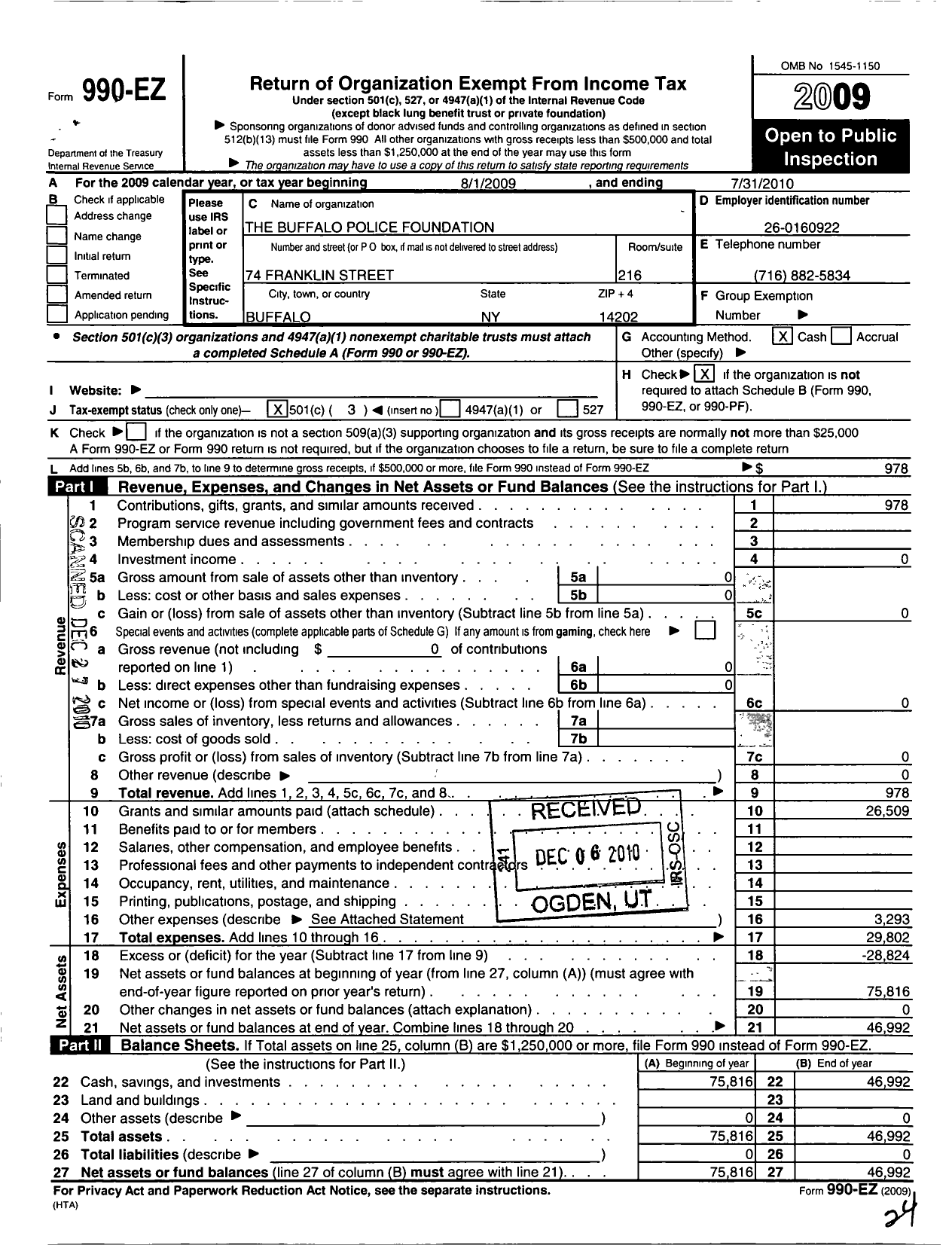 Image of first page of 2009 Form 990EZ for Buffalo Police Foundation