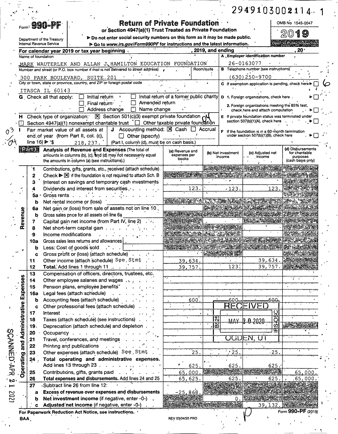 Image of first page of 2019 Form 990PF for Mark Wauterlek and Allan J Hamilton Education Foundation