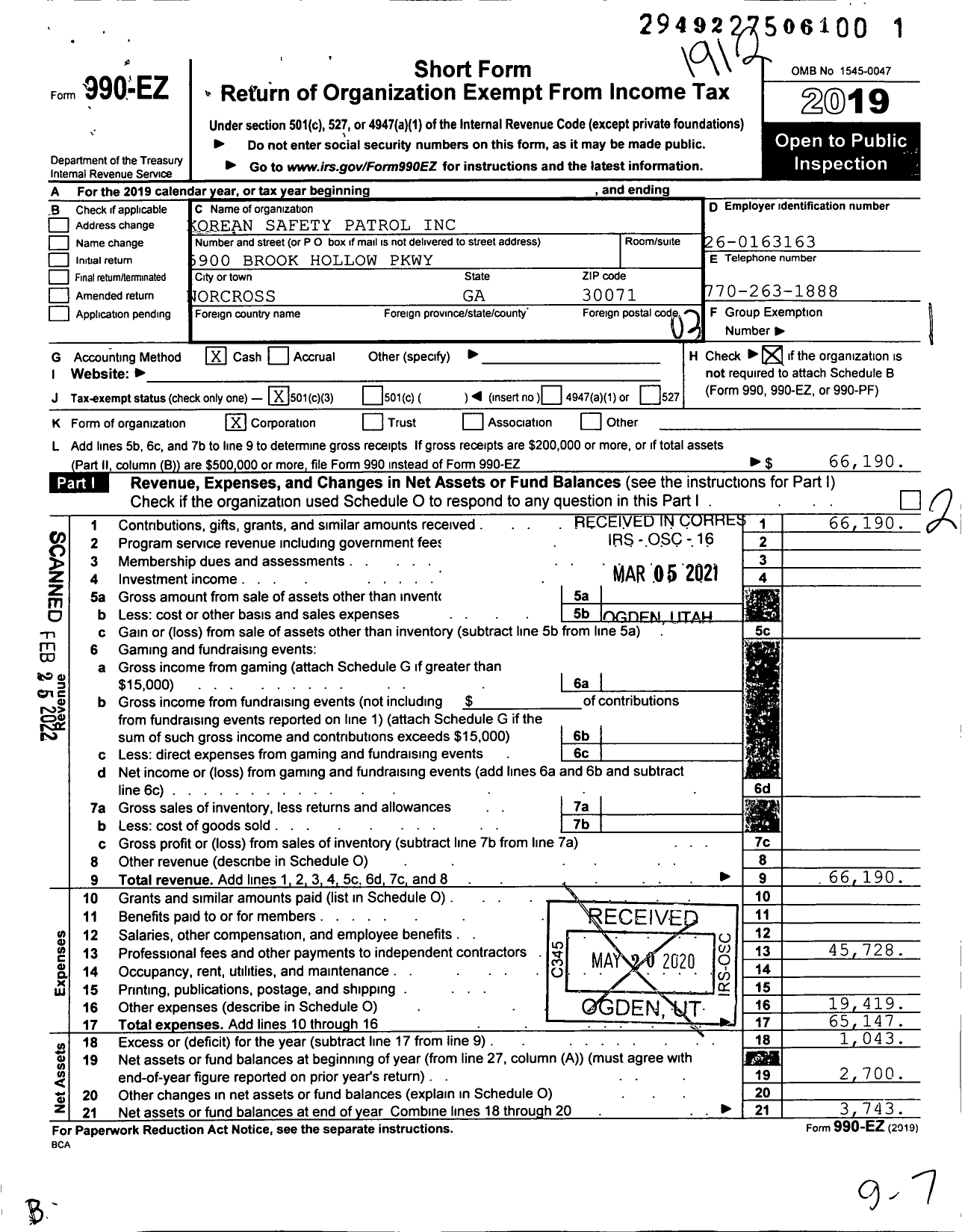 Image of first page of 2019 Form 990EZ for Korean Safety Patrol