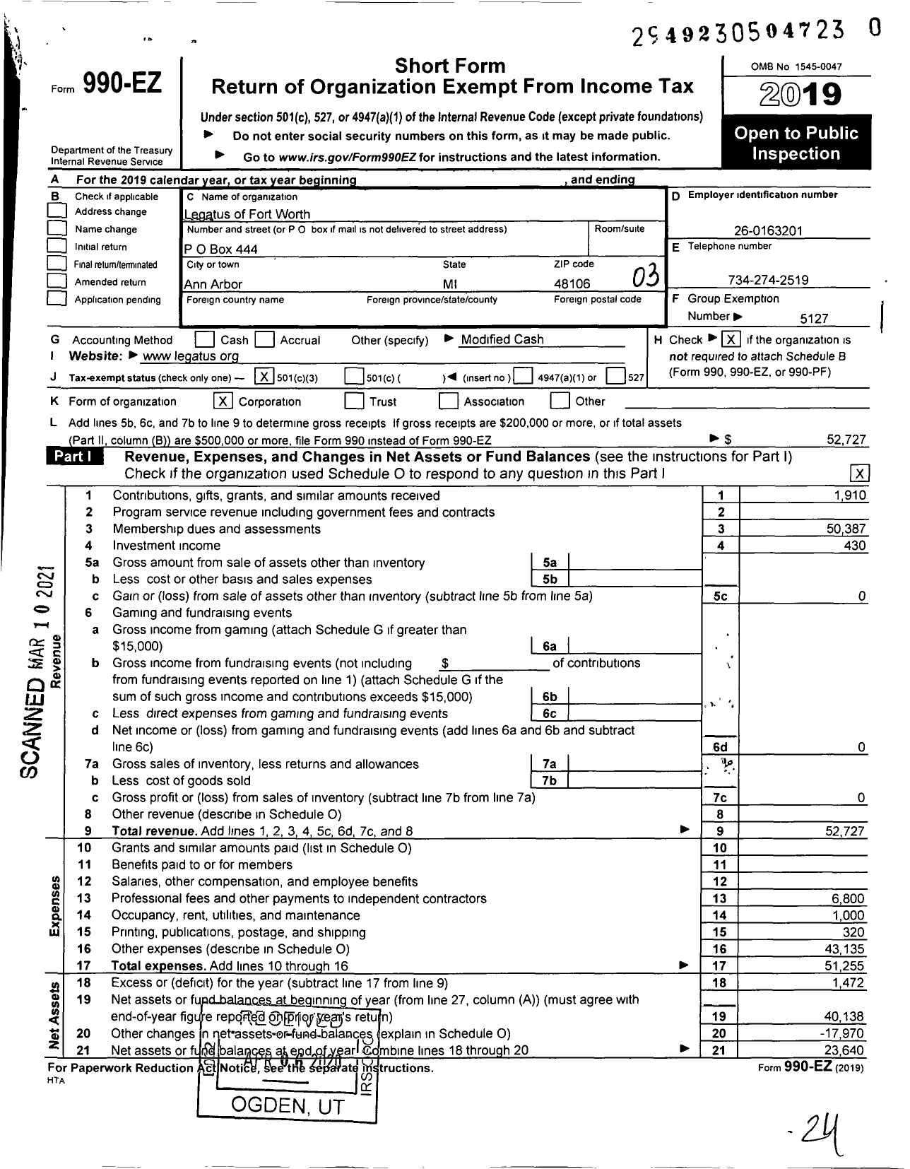 Image of first page of 2019 Form 990EZ for Legatus of Fort Worth