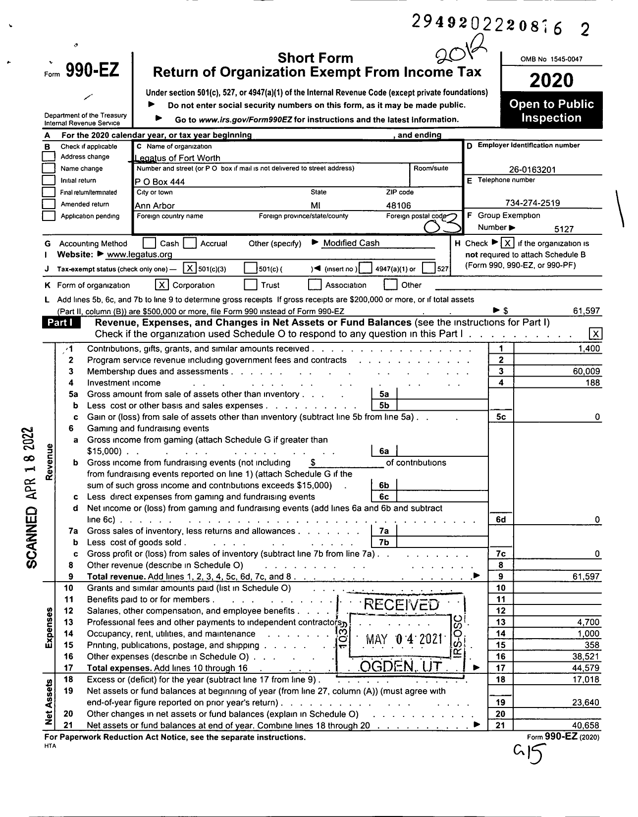 Image of first page of 2020 Form 990EZ for Legatus of Fort Worth