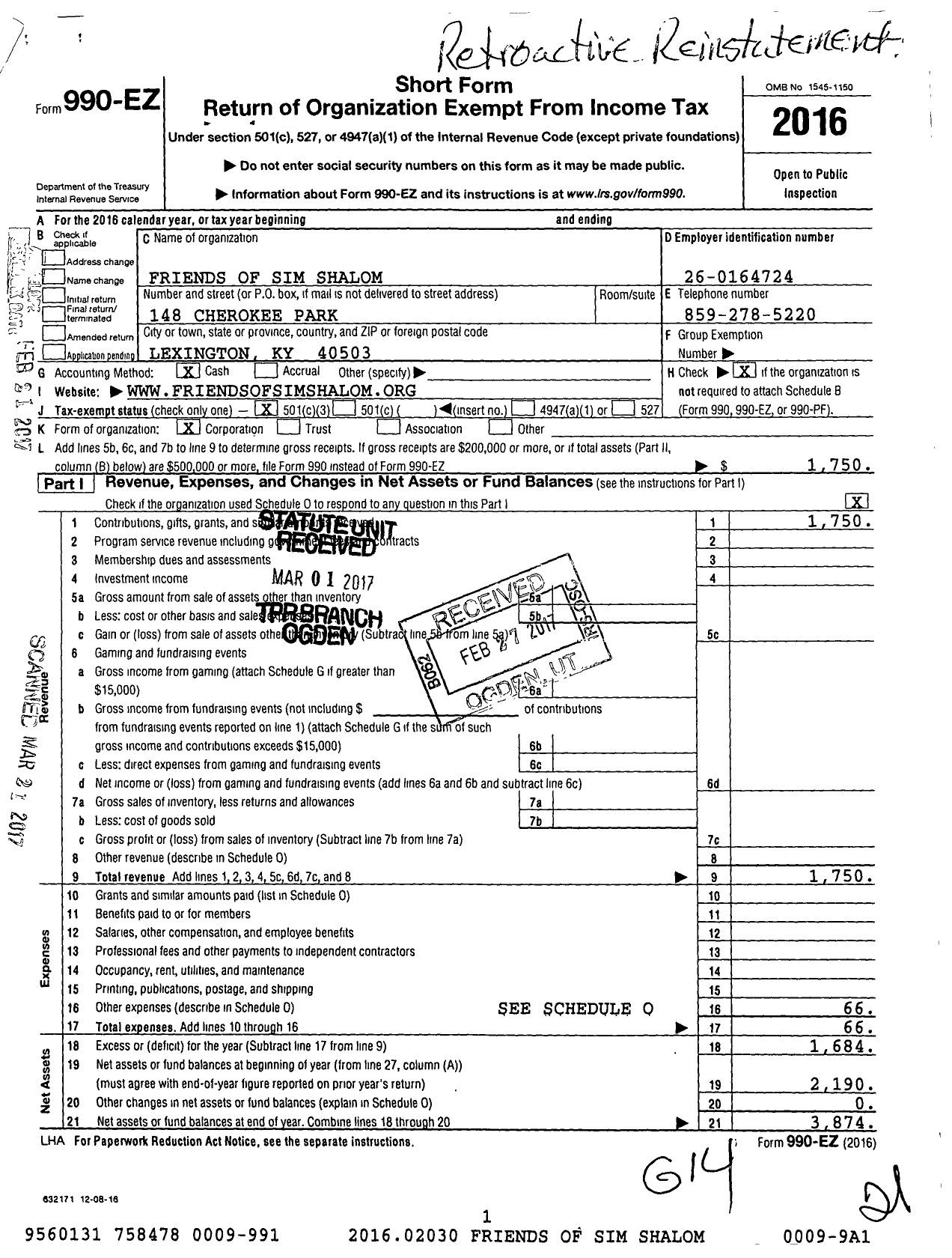 Image of first page of 2016 Form 990EZ for Sim Shalom Friends