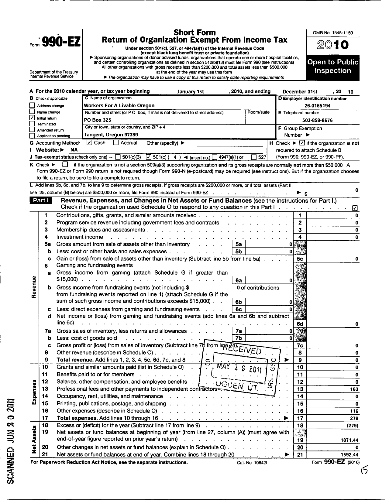 Image of first page of 2010 Form 990EO for Workers For A Livable Oregon