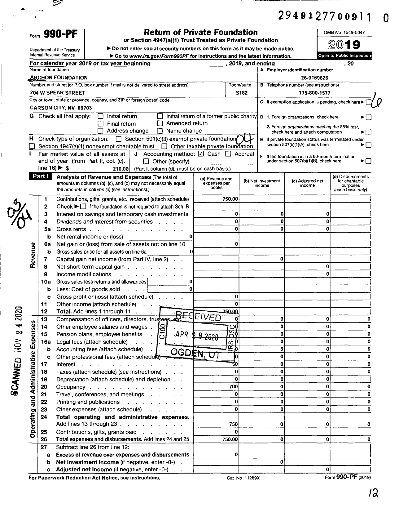 Image of first page of 2019 Form 990PF for Archon Foundation