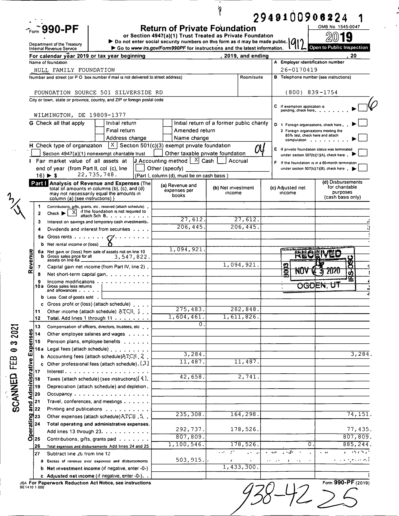 Image of first page of 2019 Form 990PF for Hull Family Foundation