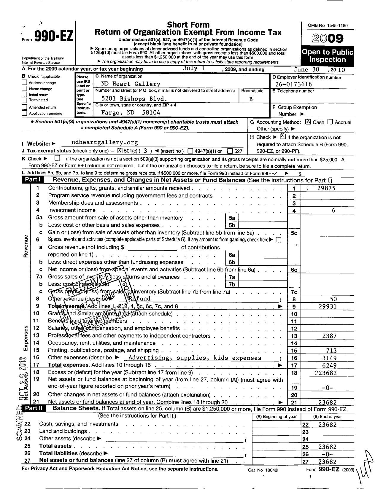 Image of first page of 2009 Form 990EZ for North Dakota Heart Gallery