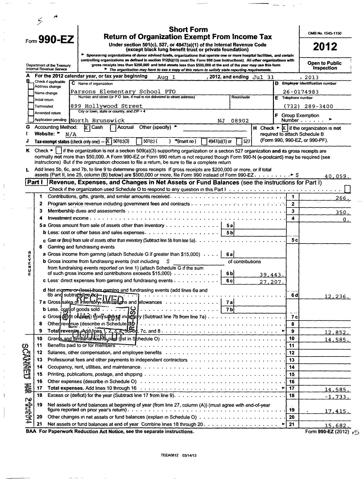 Image of first page of 2012 Form 990EZ for Parsons Elementary School PTO