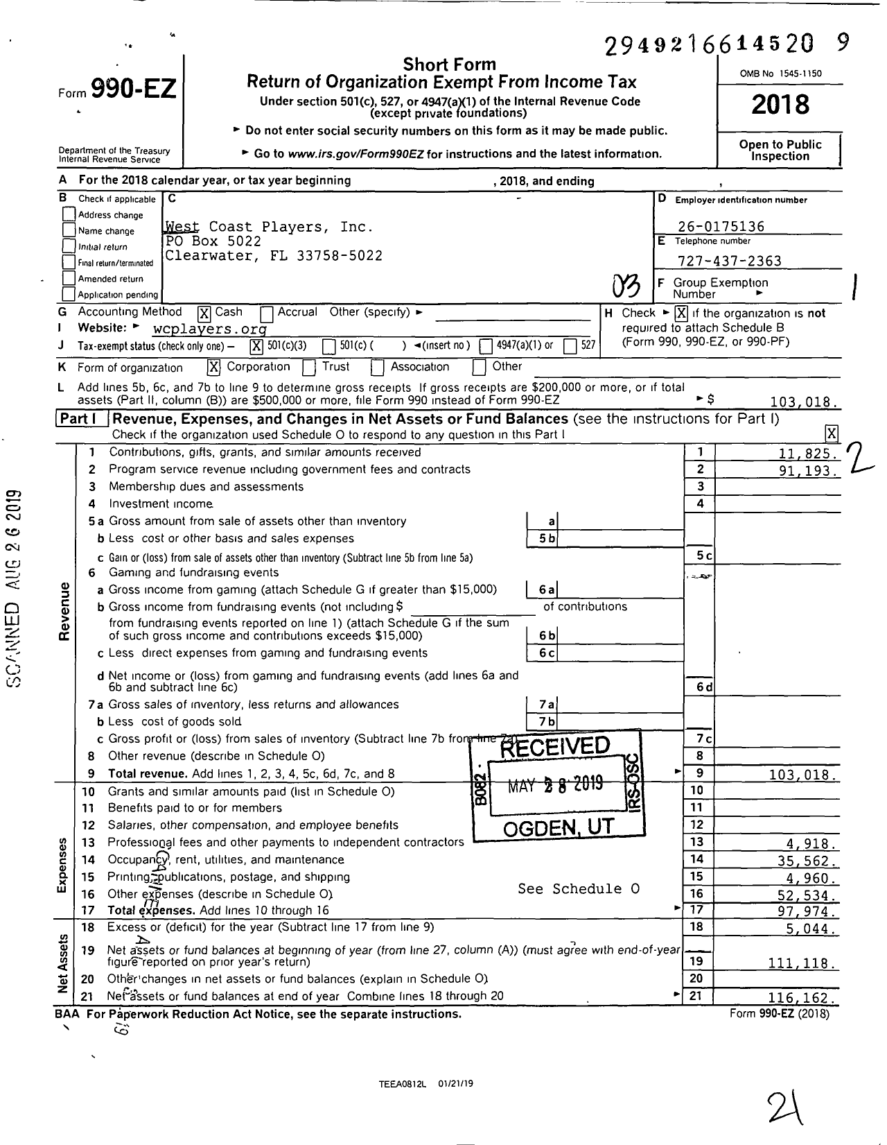 Image of first page of 2018 Form 990EZ for West Coast Players