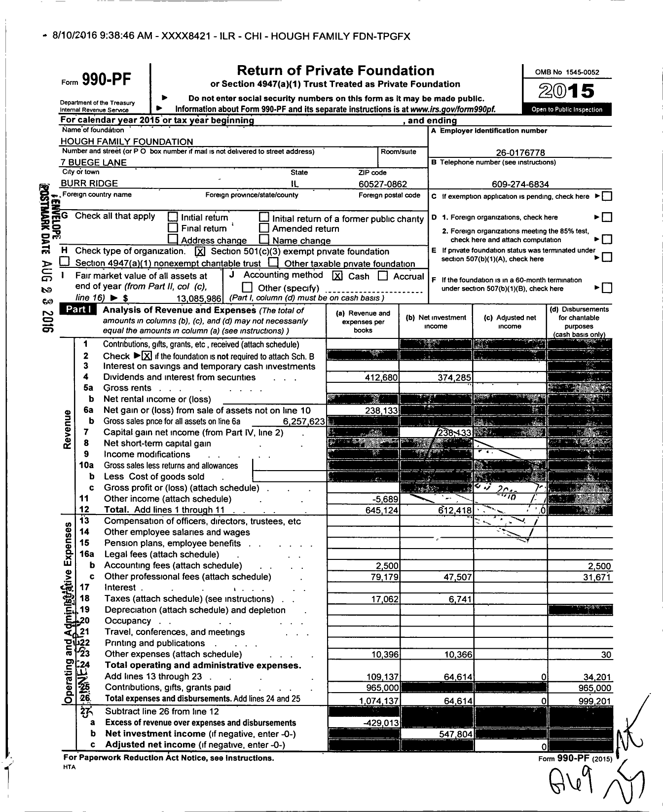 Image of first page of 2015 Form 990PF for Hough Family FDN-TPGFX