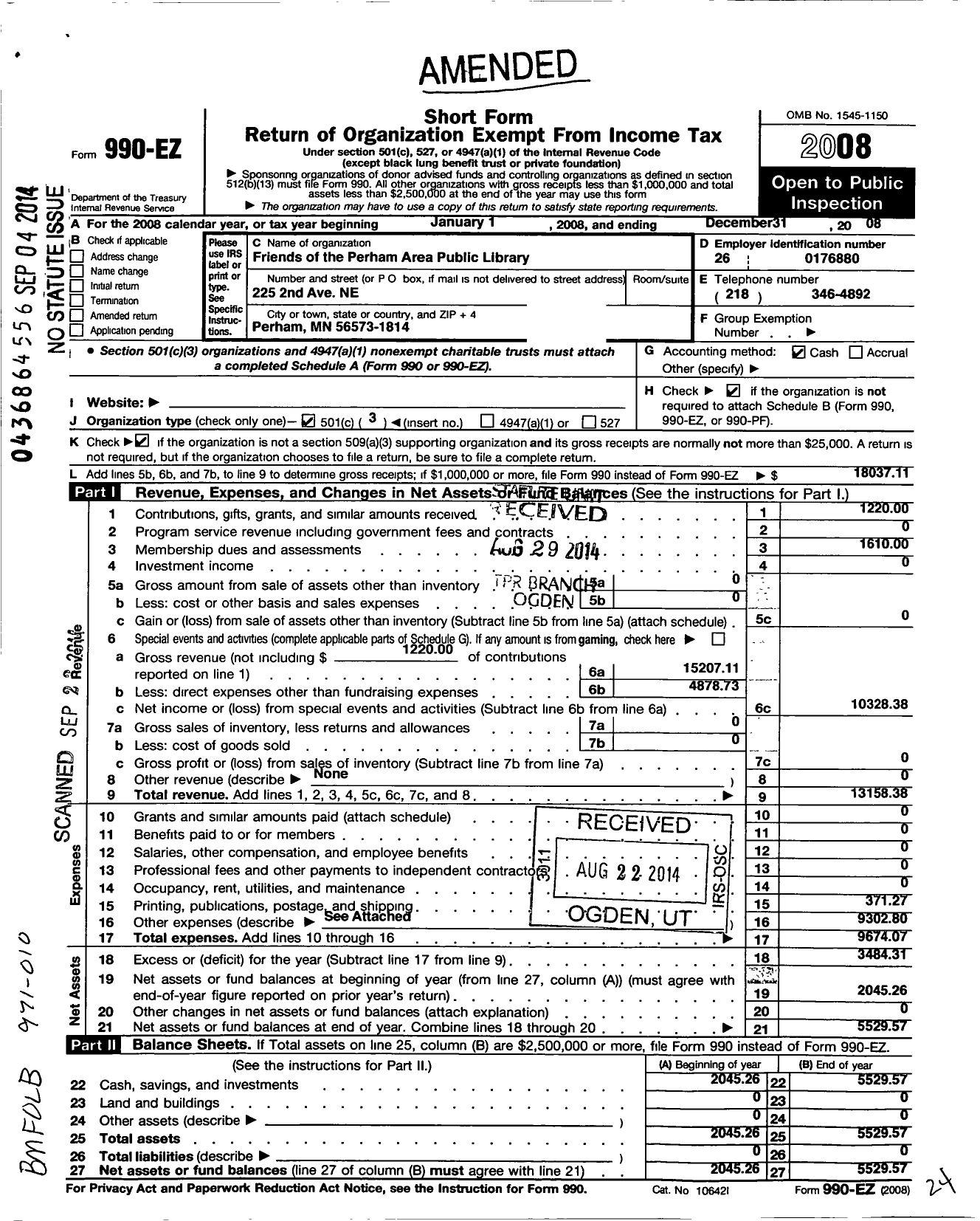 Image of first page of 2008 Form 990EZ for Friends of the Perham Area Public Library