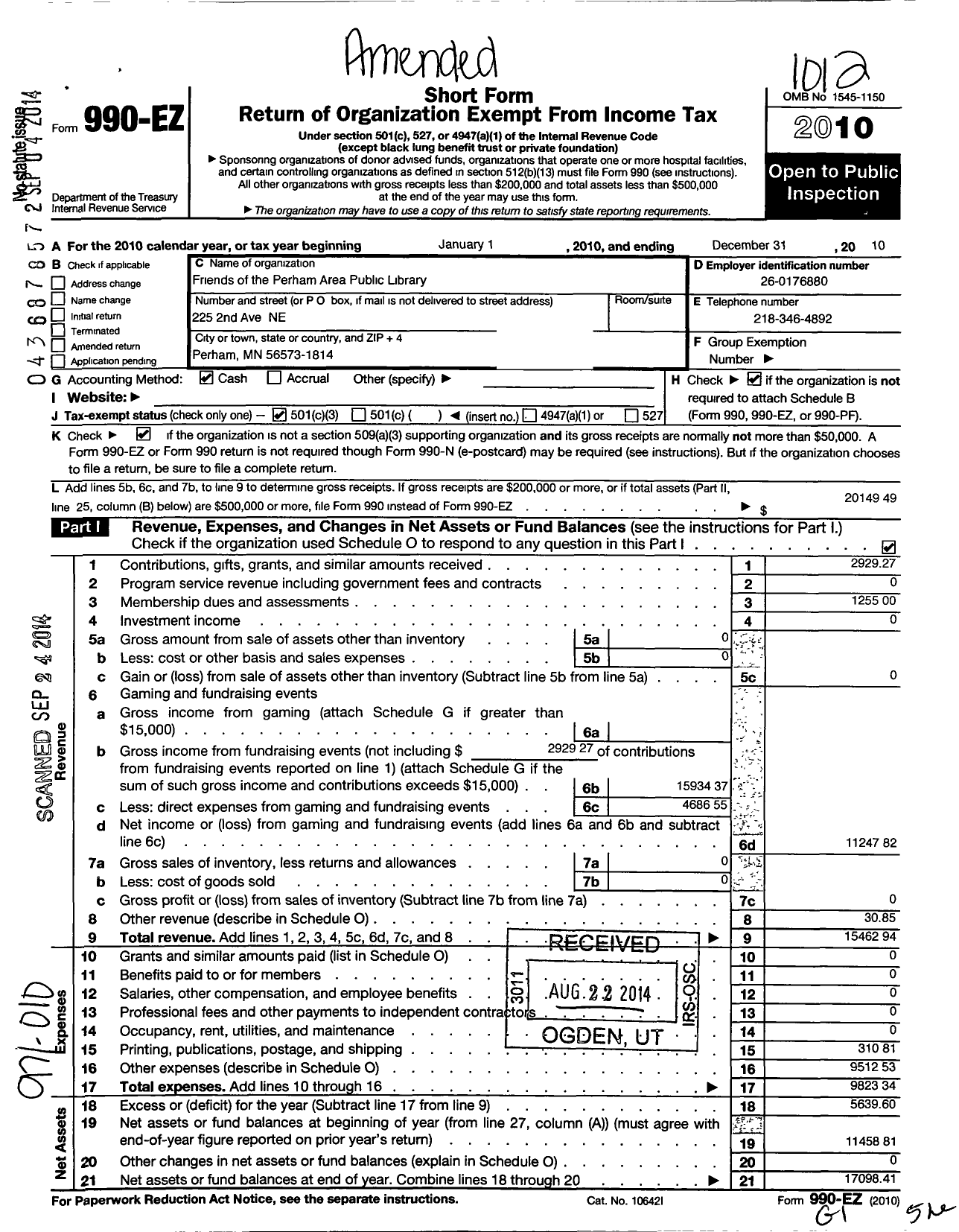 Image of first page of 2010 Form 990EZ for Friends of the Perham Area Public Library