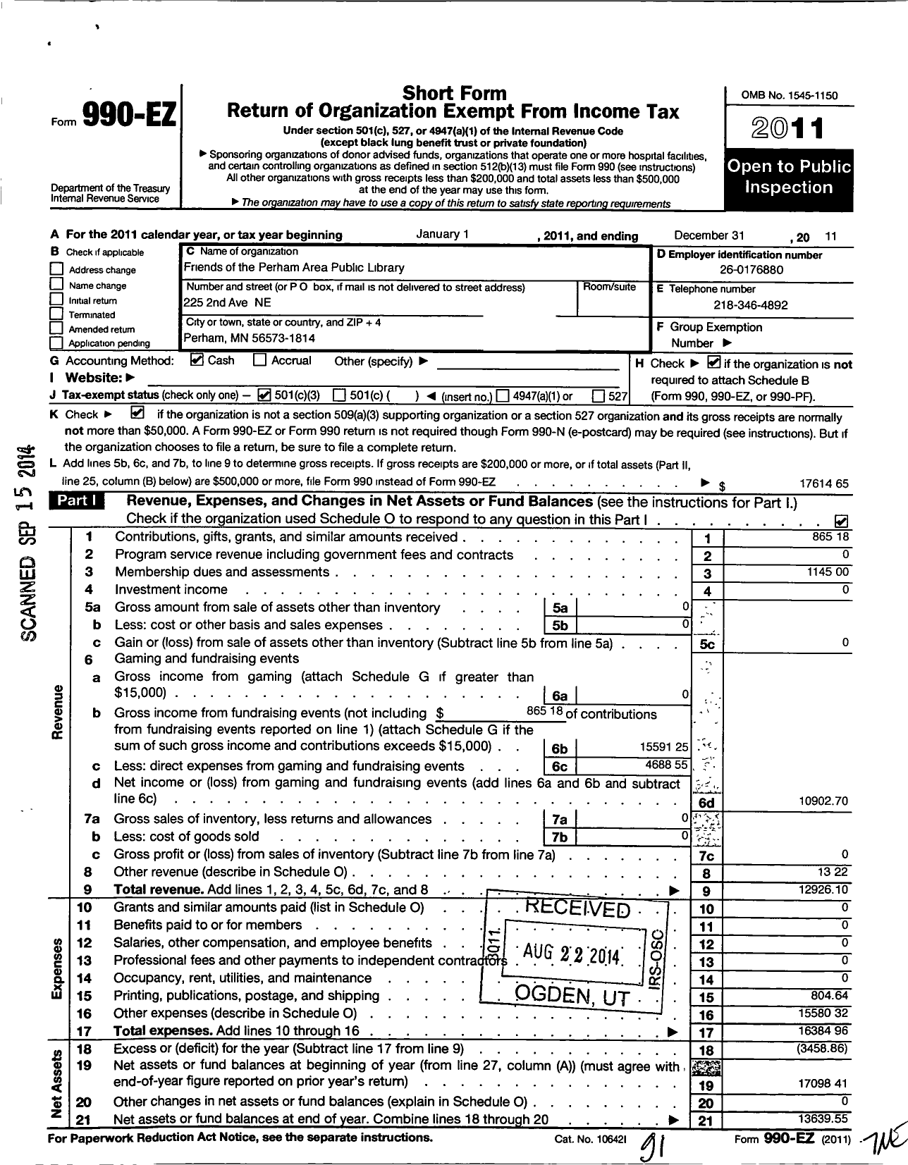 Image of first page of 2011 Form 990EZ for Friends of the Perham Area Public Library