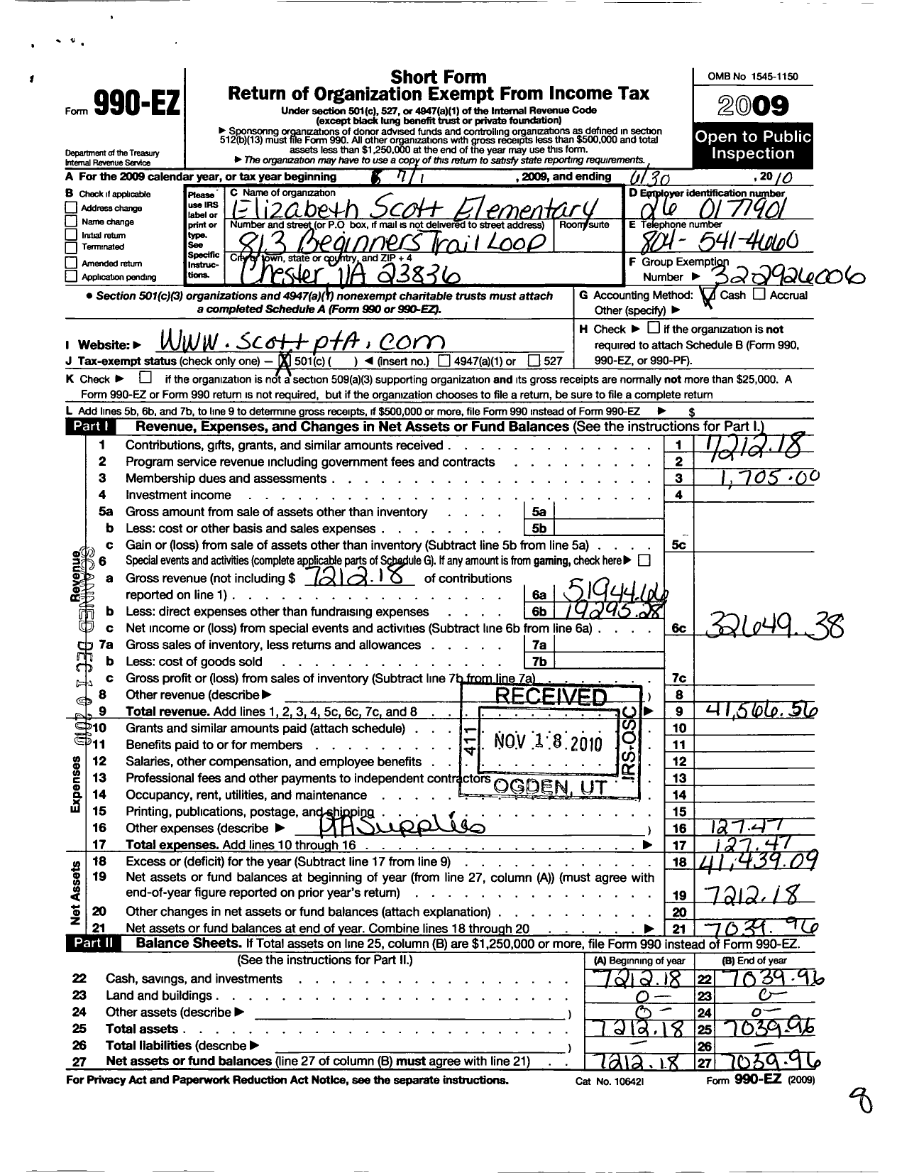 Image of first page of 2009 Form 990EO for Virginia PTA - Elizabeth Scott Elementary School P