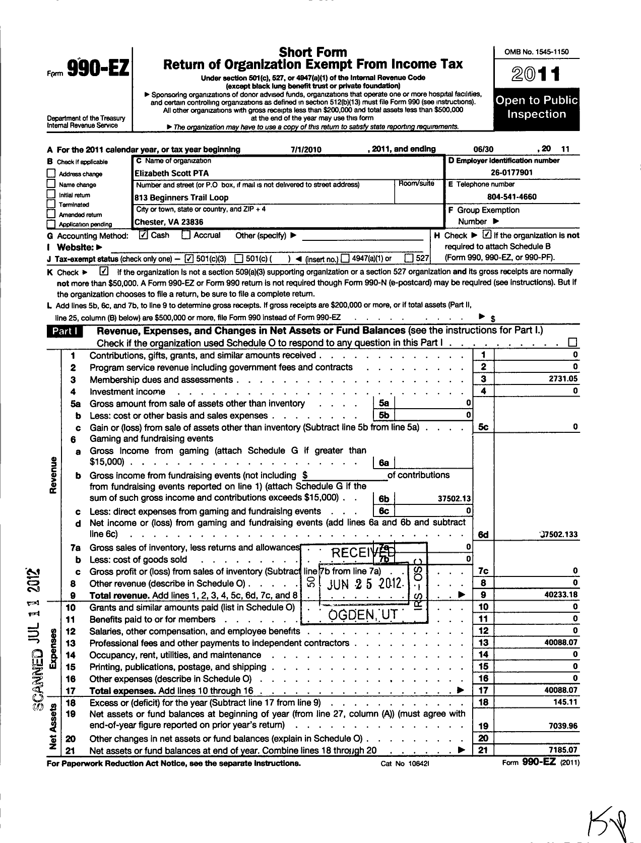 Image of first page of 2010 Form 990EZ for Virginia PTA - Elizabeth Scott Elementary School P