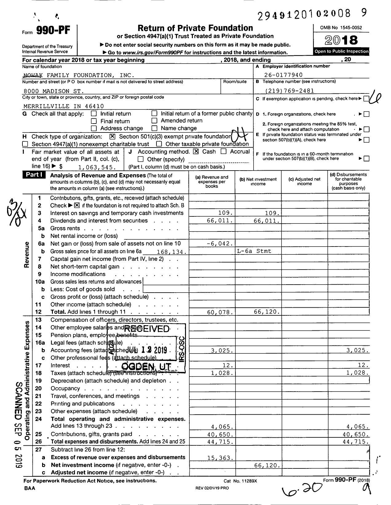 Image of first page of 2018 Form 990PF for Novak Family Foundation