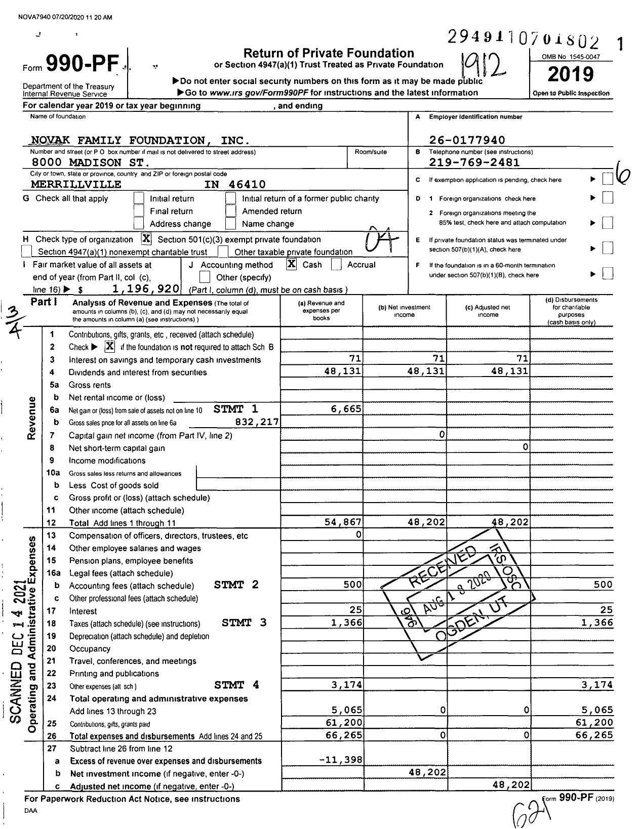 Image of first page of 2019 Form 990PF for Novak Family Foundation