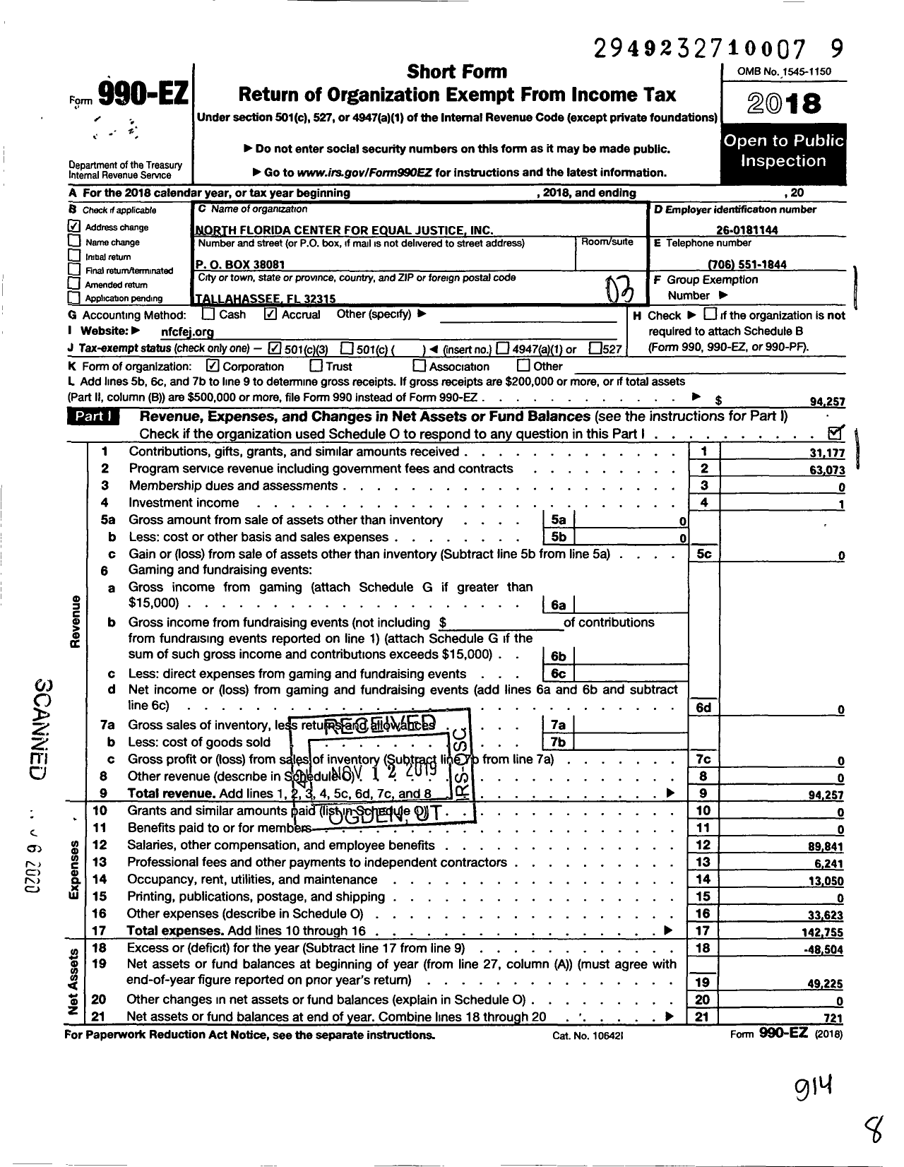 Image of first page of 2018 Form 990EZ for North Florida Center for Equal Justice