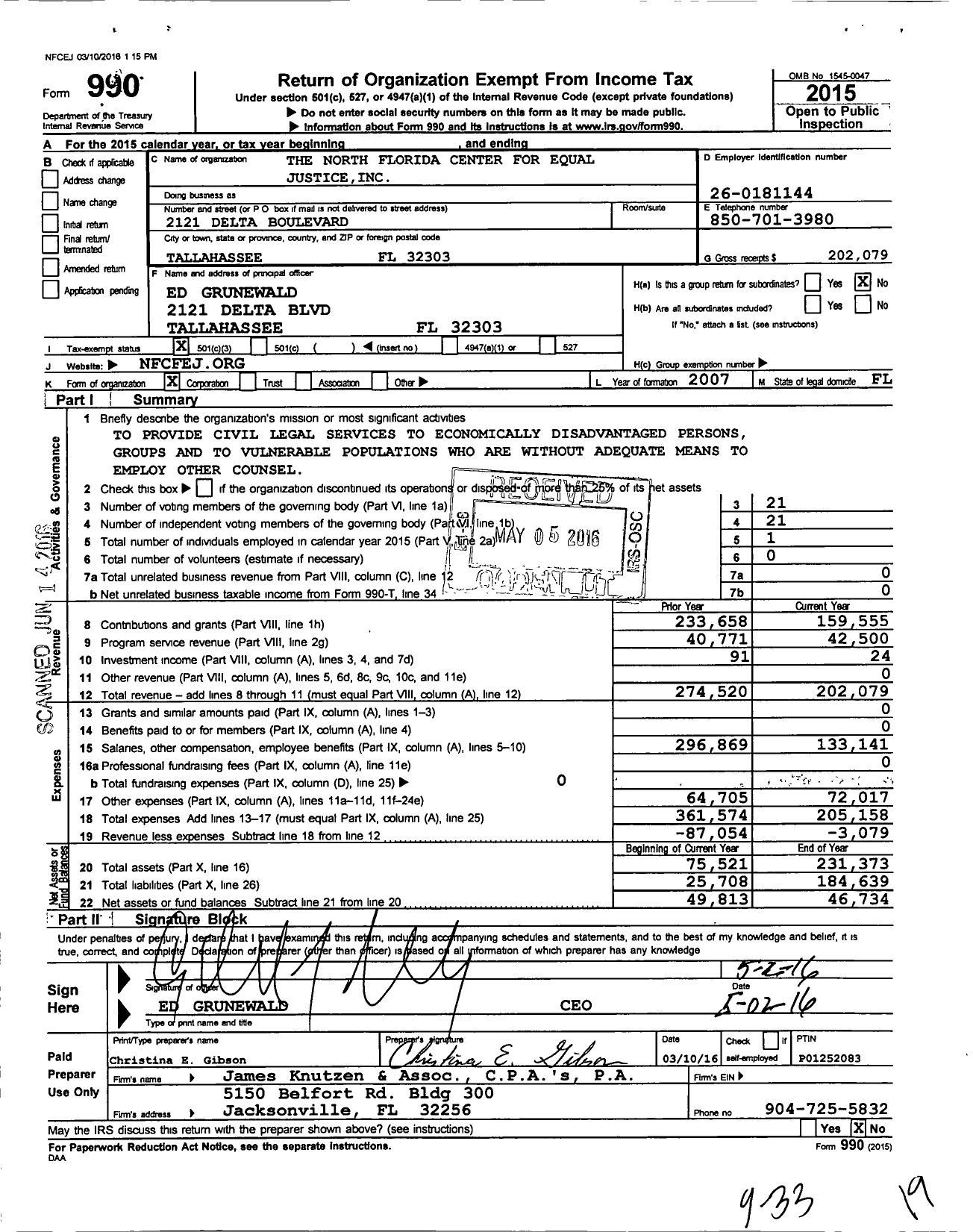 Image of first page of 2015 Form 990 for North Florida Center for Equal Justice