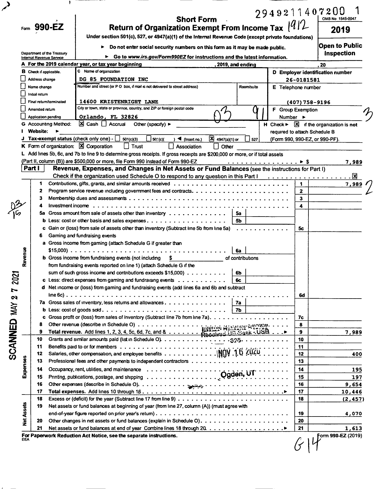 Image of first page of 2019 Form 990EZ for DG 85 Foundation