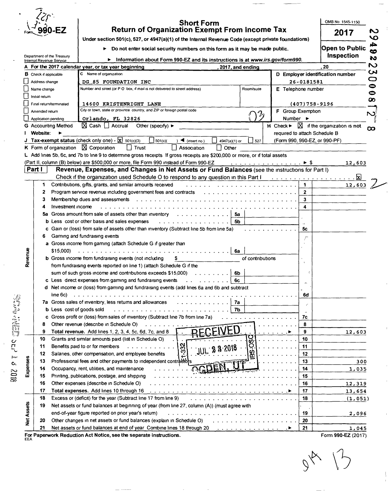 Image of first page of 2017 Form 990EZ for DG 85 Foundation