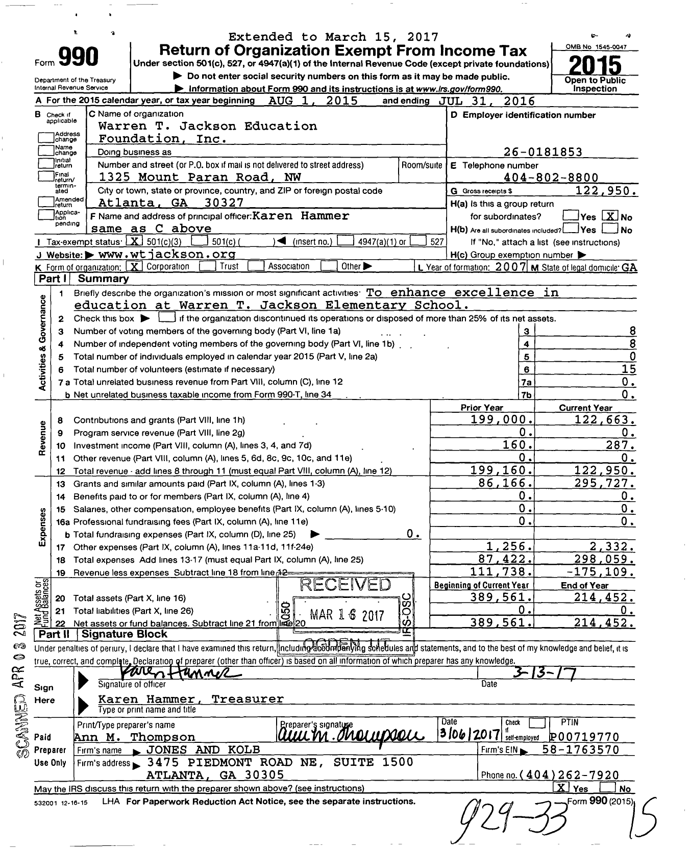 Image of first page of 2015 Form 990 for Warren T Jackson Education Foundation