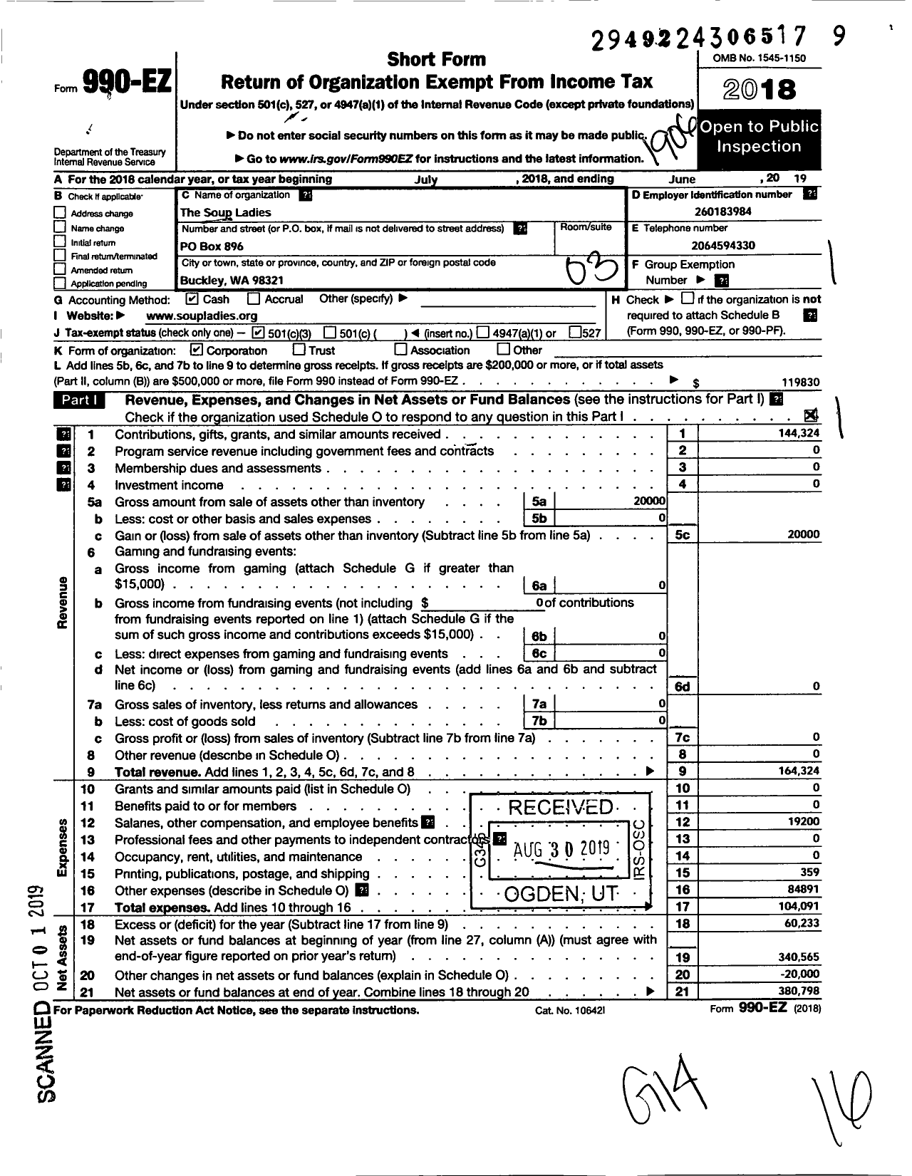 Image of first page of 2018 Form 990EZ for The Soup Ladies