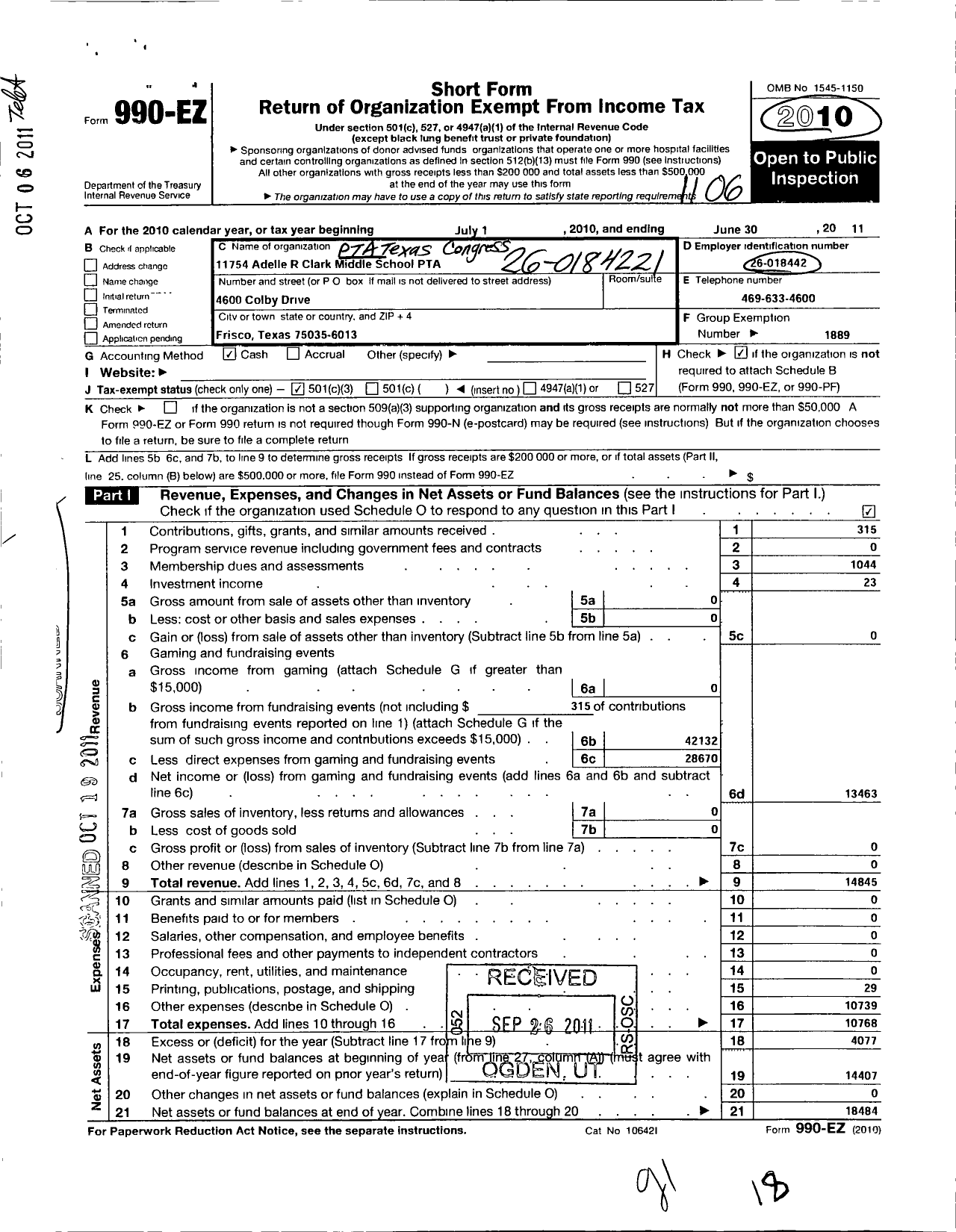 Image of first page of 2010 Form 990EZ for Texas PTA - 11754 Adelle R Clark Middle SCH PTA