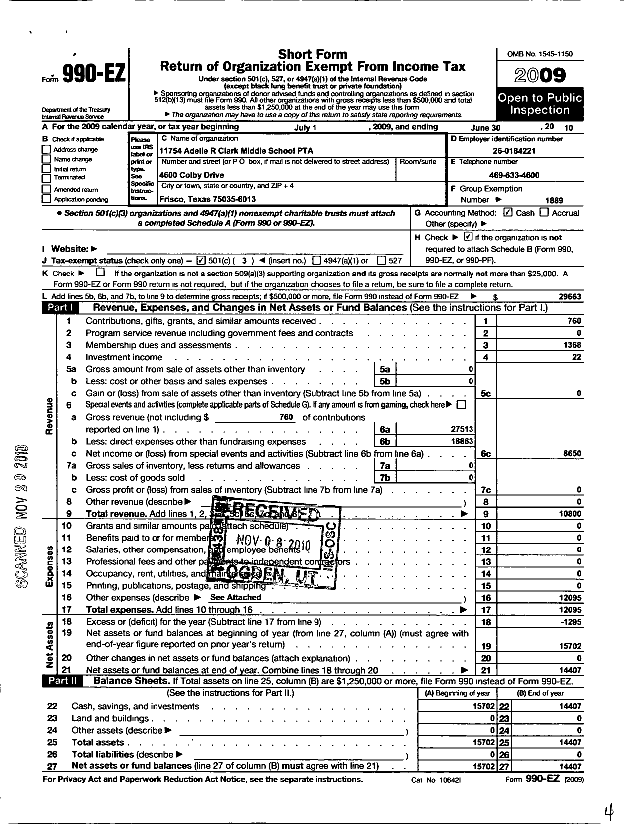 Image of first page of 2009 Form 990EZ for Texas PTA - 11754 Adelle R Clark Middle SCH PTA