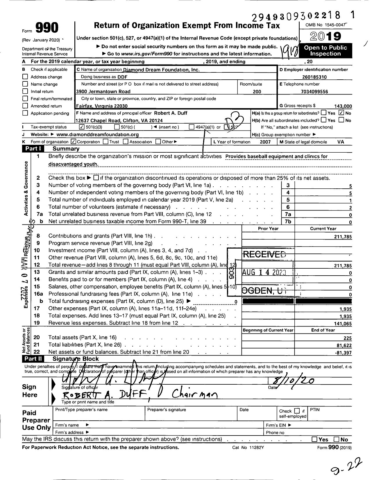 Image of first page of 2019 Form 990 for Diamond Dream Foundation (DDF)