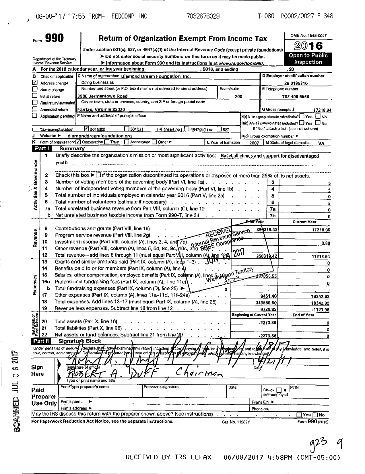 Image of first page of 2016 Form 990 for Diamond Dream Foundation (DDF)