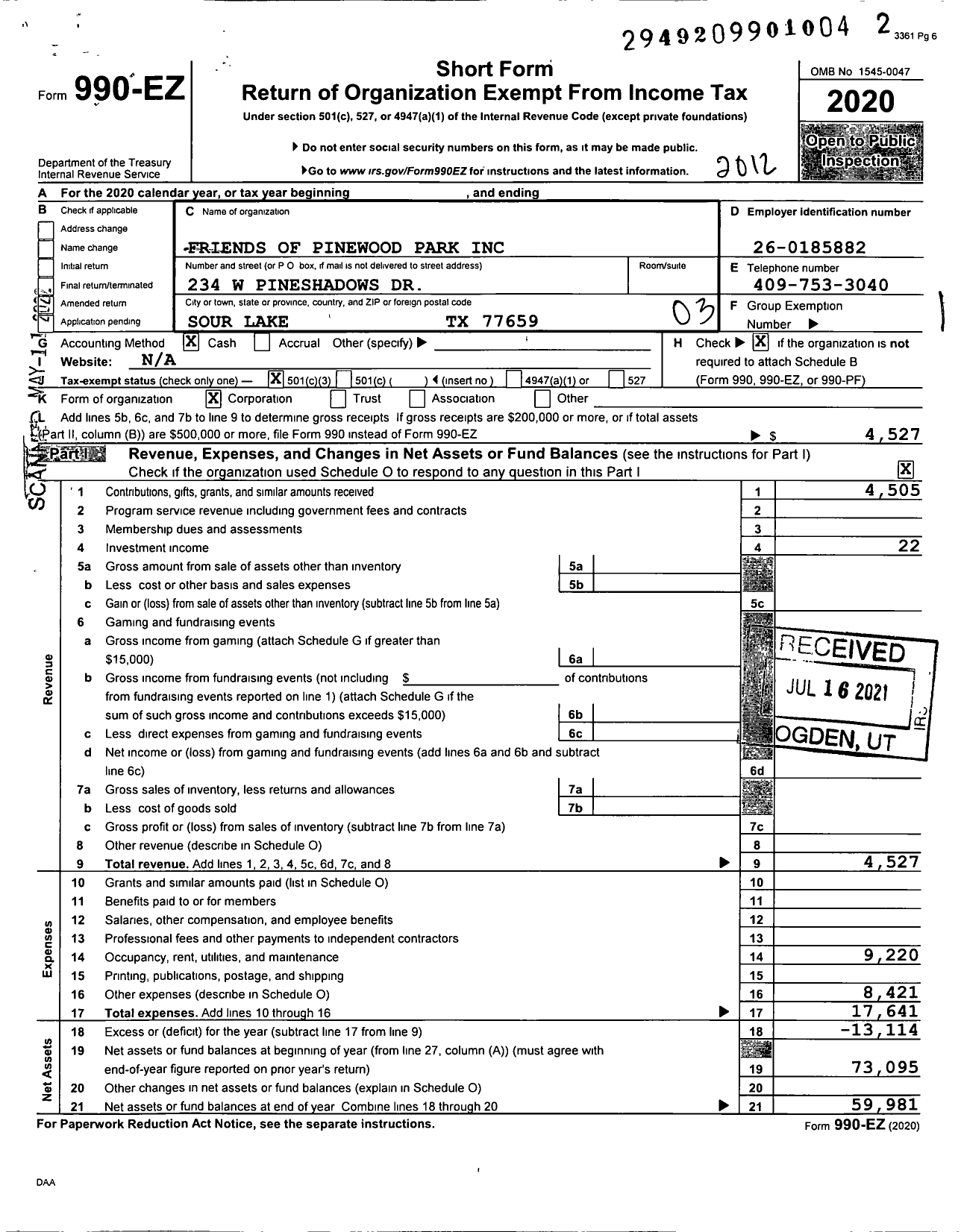 Image of first page of 2020 Form 990EZ for Friends of Pinewood Park