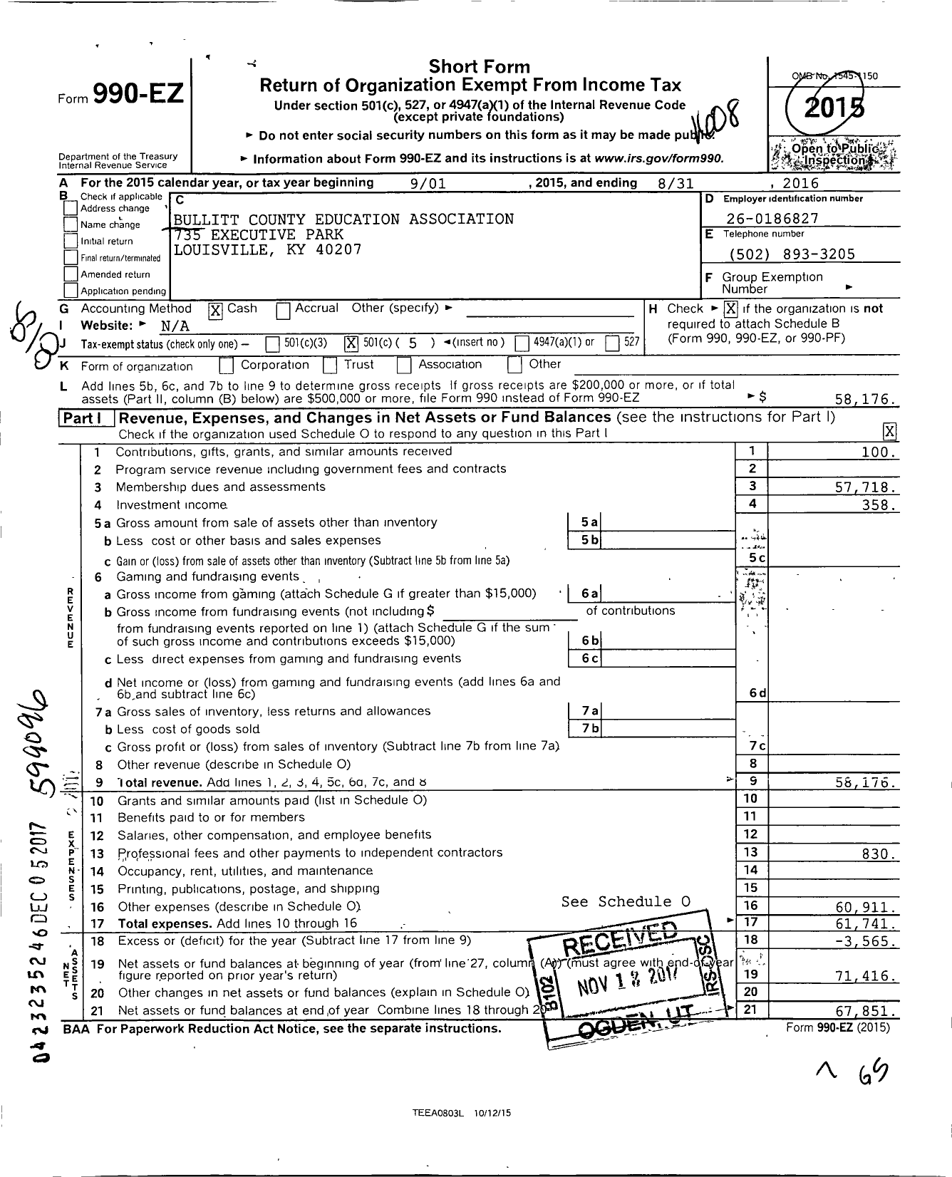 Image of first page of 2015 Form 990EO for Bullitt County Education Association