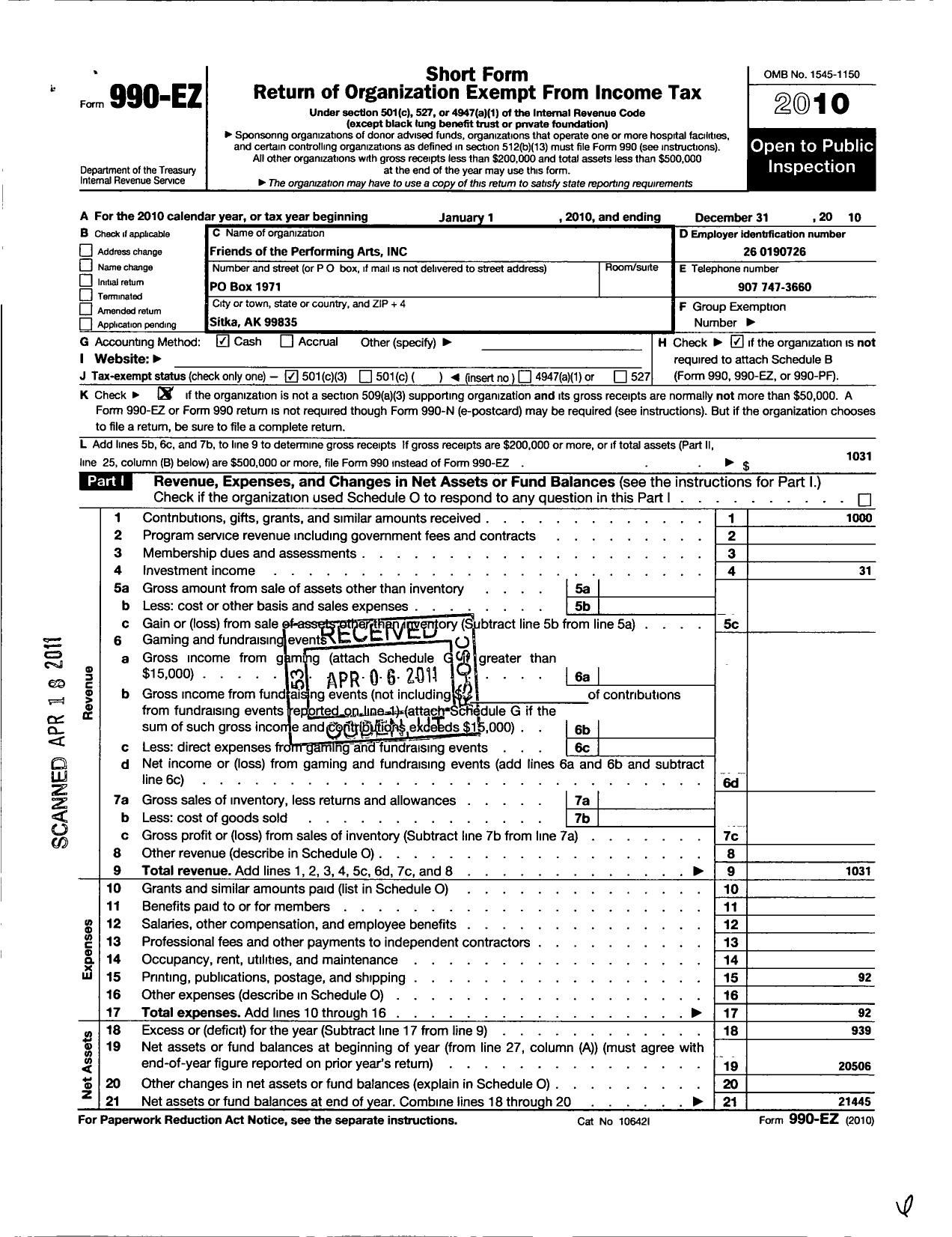 Image of first page of 2010 Form 990EZ for Friends of the Performing Arts