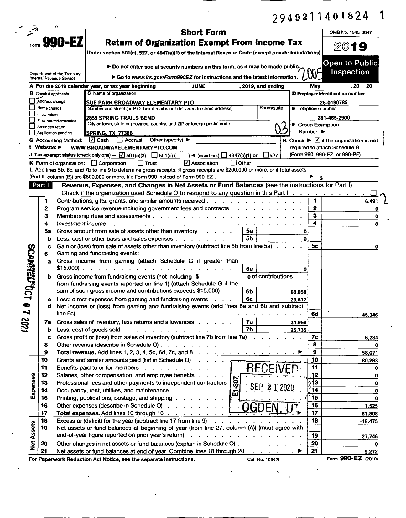 Image of first page of 2019 Form 990EZ for Broadway Elementary PTO