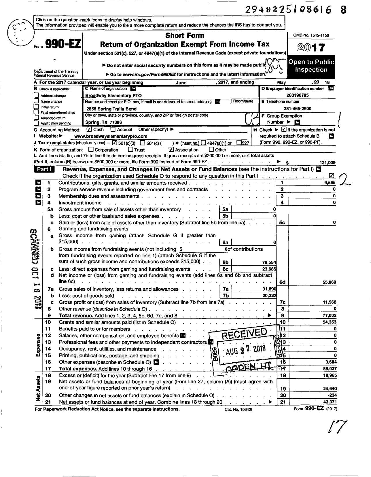 Image of first page of 2017 Form 990EZ for Broadway Elementary PTO