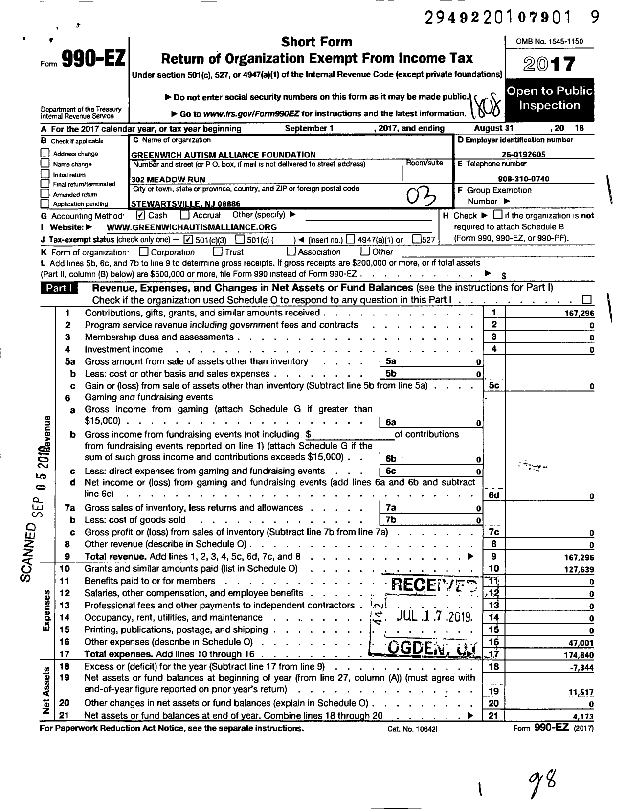 Image of first page of 2017 Form 990EZ for Greenwich Autism Alliance (GAAF)