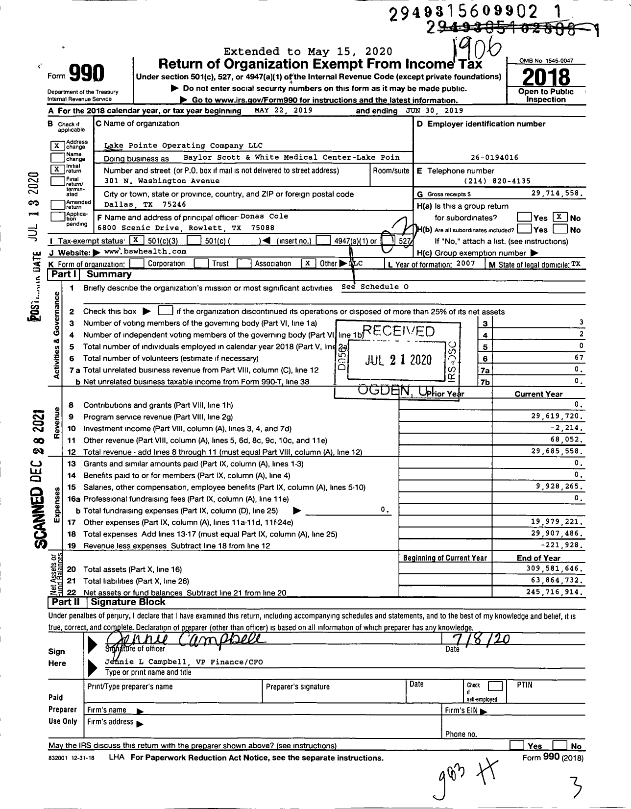 Image of first page of 2018 Form 990 for Baylor Scott & White Medical Center-Lake Pointe