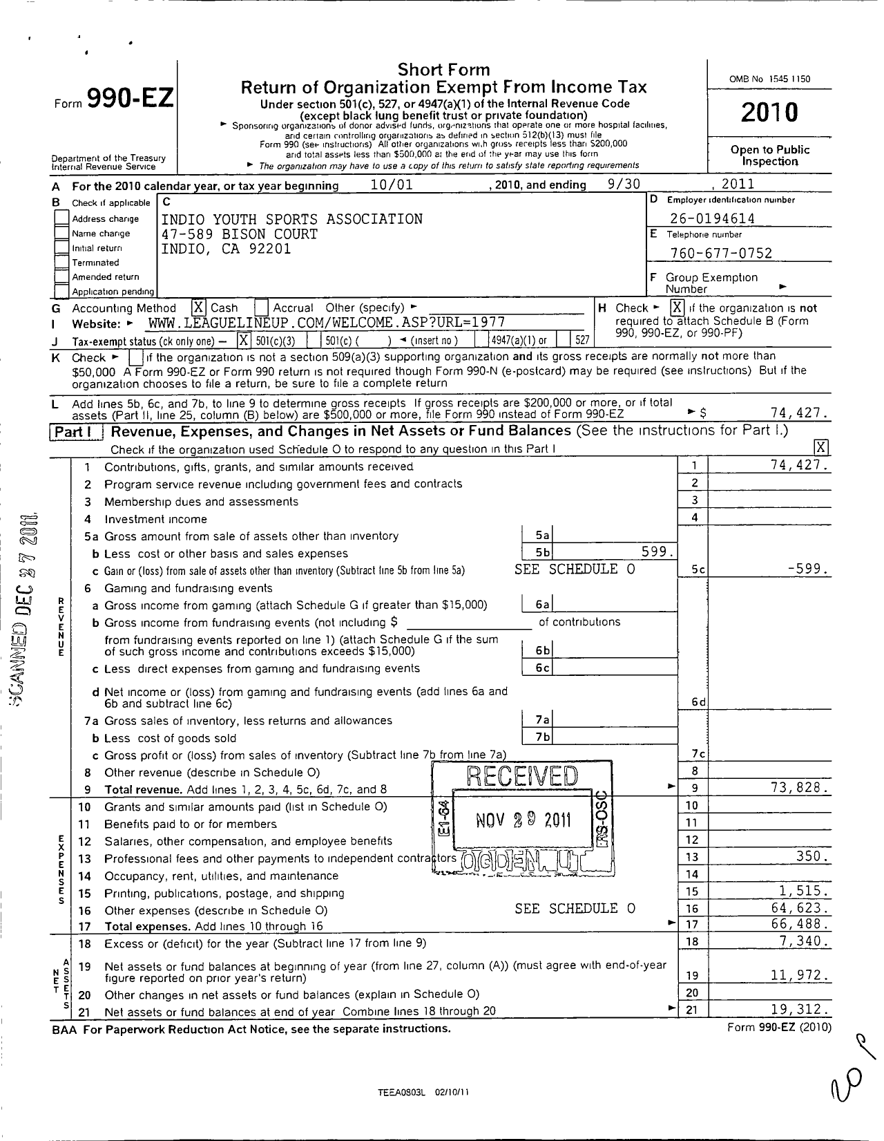 Image of first page of 2010 Form 990EZ for Indio Youth Sports Association