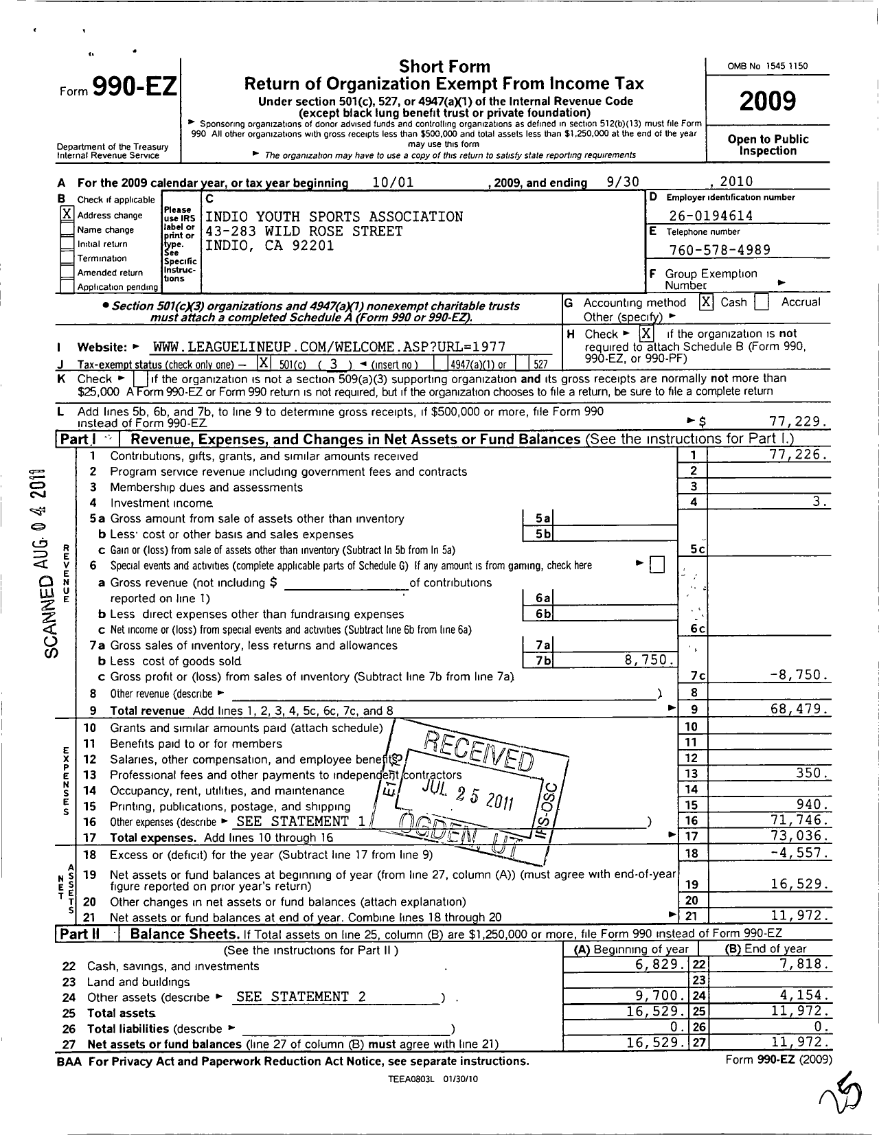 Image of first page of 2009 Form 990EZ for Indio Youth Sports Association