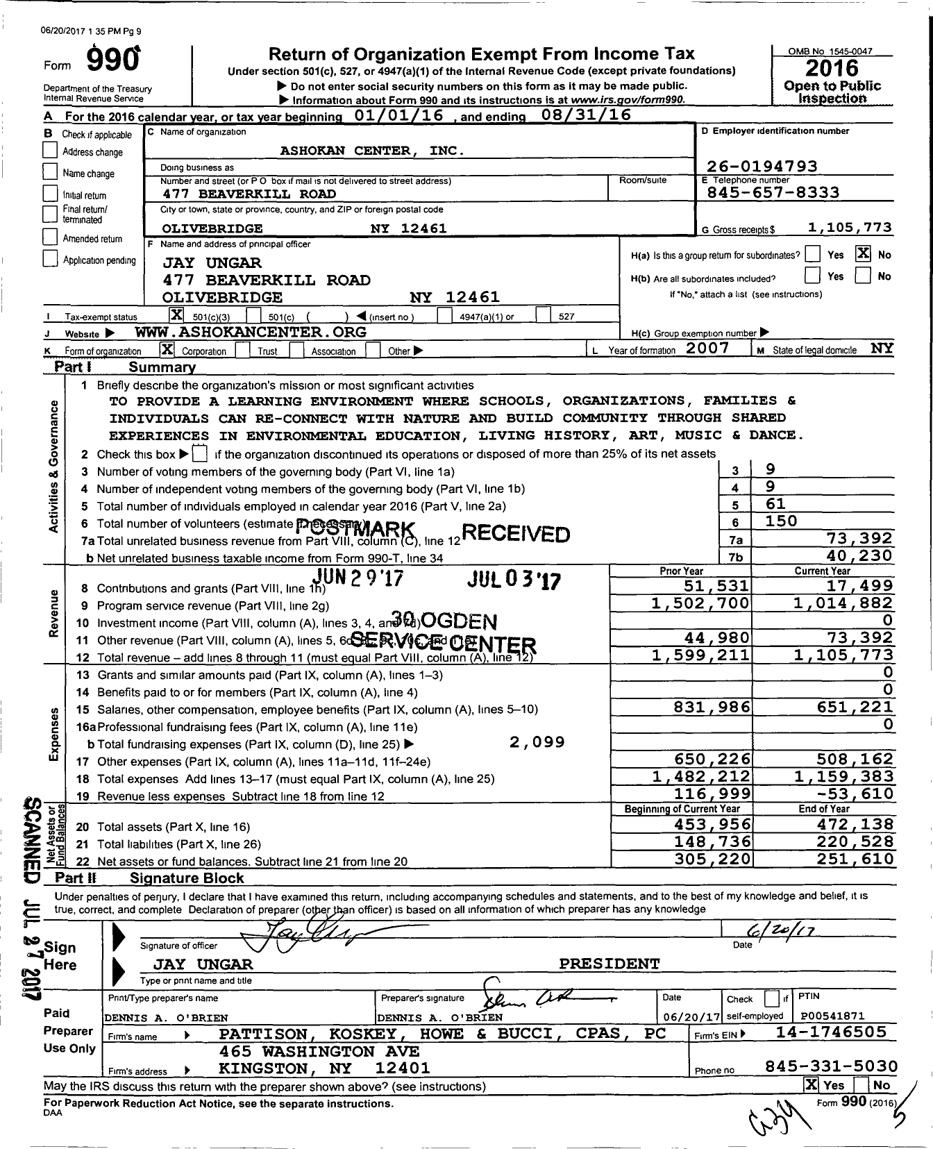 Image of first page of 2015 Form 990 for Ashokan Center