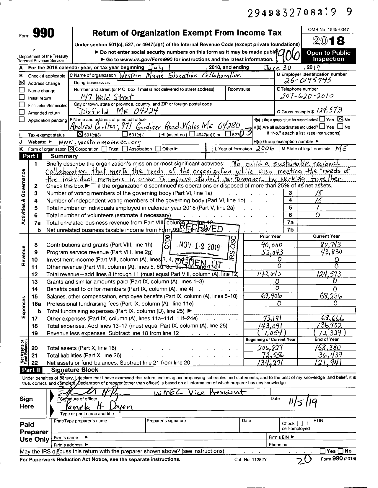 Image of first page of 2018 Form 990 for Western Maine Education Collaborative