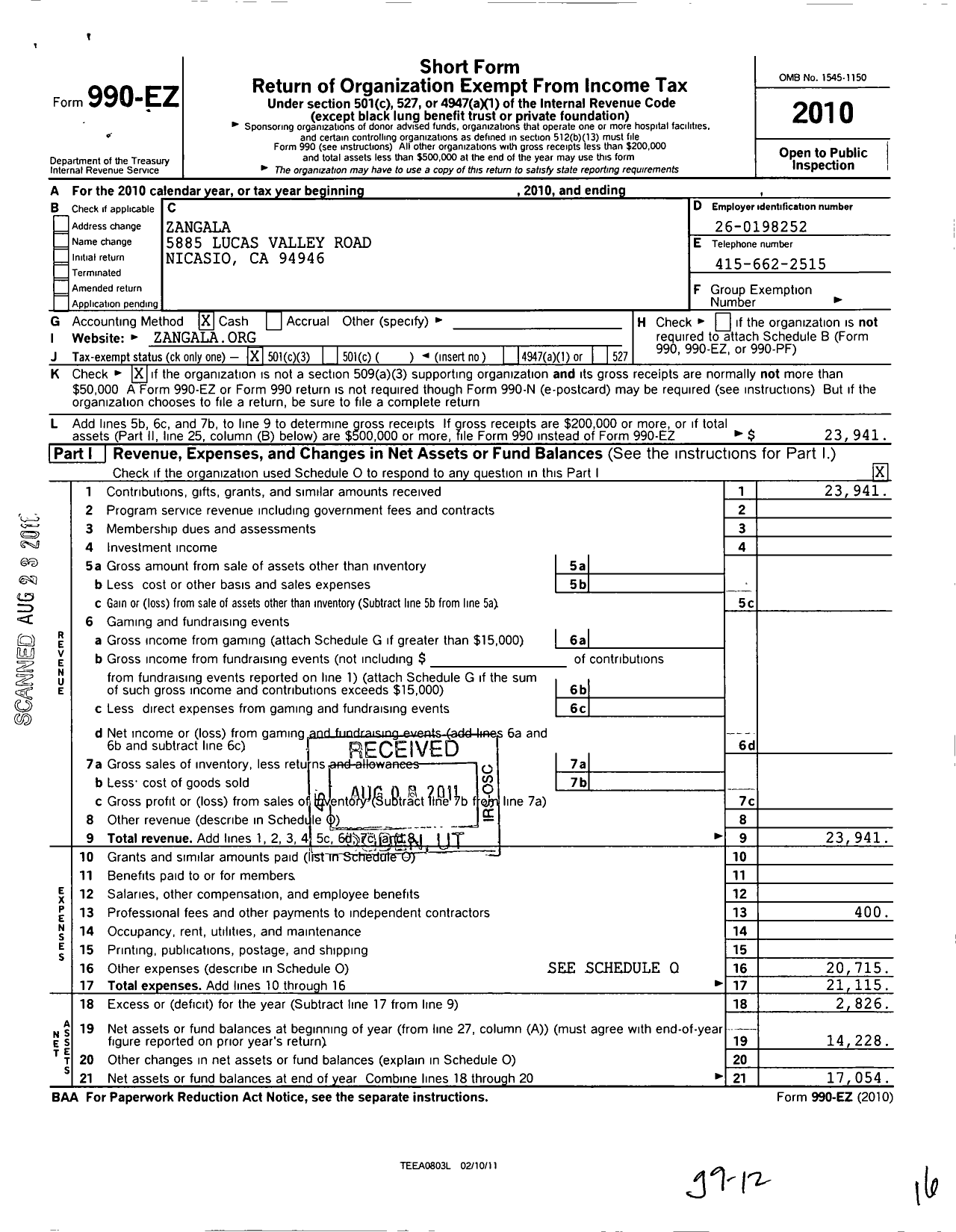 Image of first page of 2010 Form 990EZ for Zangala