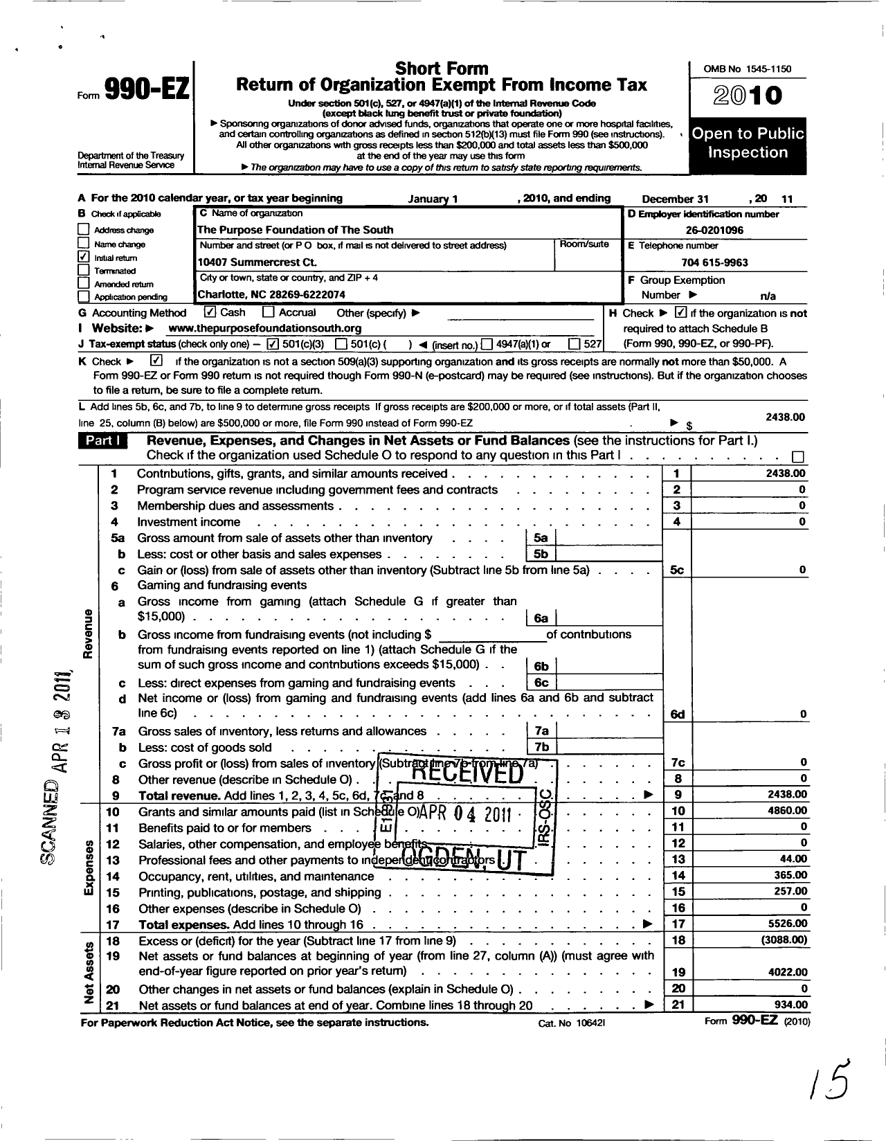 Image of first page of 2010 Form 990EZ for Purpose Foundation of the South