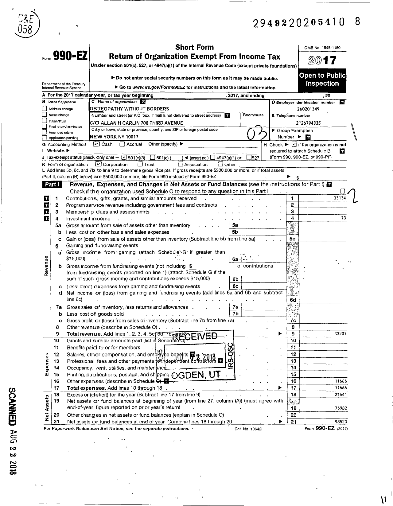 Image of first page of 2017 Form 990EZ for Osteopathy Without Borders