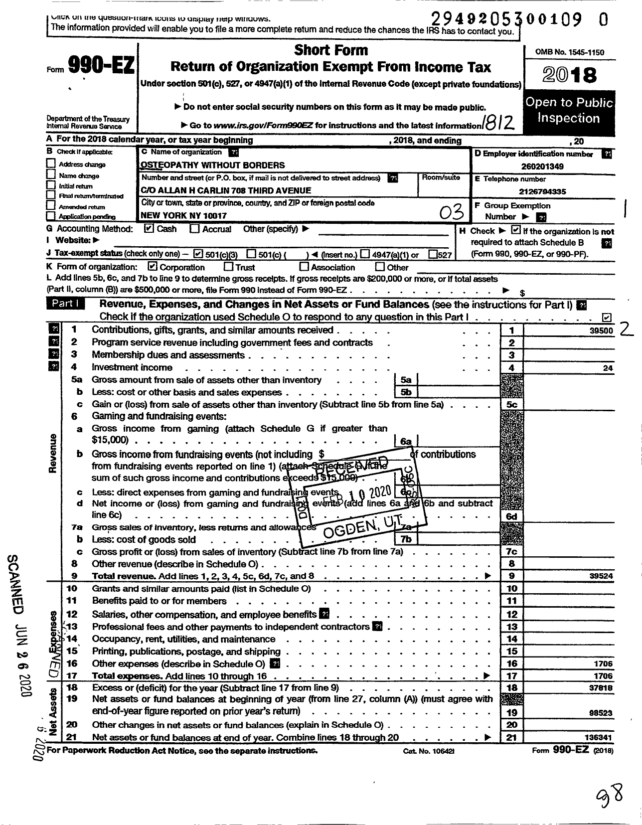 Image of first page of 2018 Form 990EZ for Osteopathy Without Borders