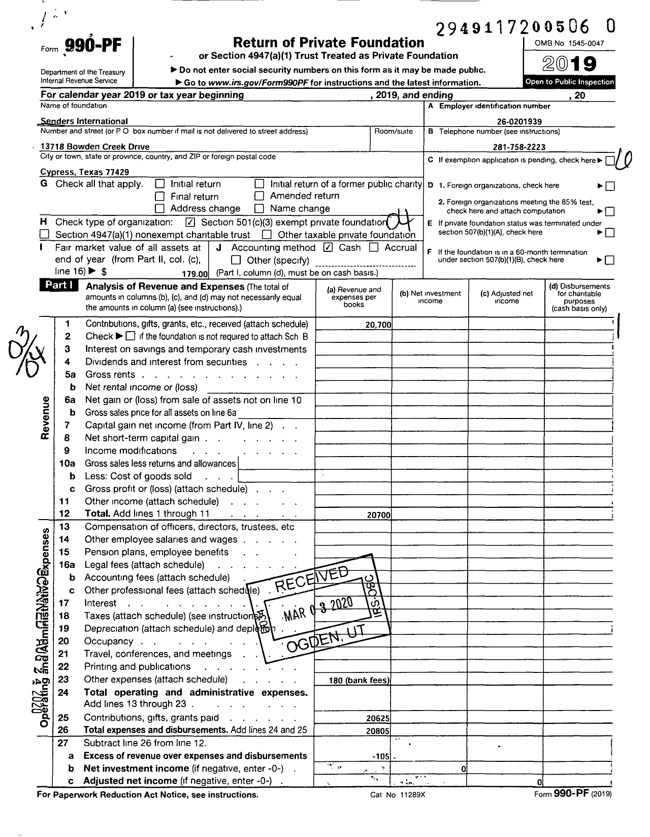 Image of first page of 2019 Form 990PR for Senders International