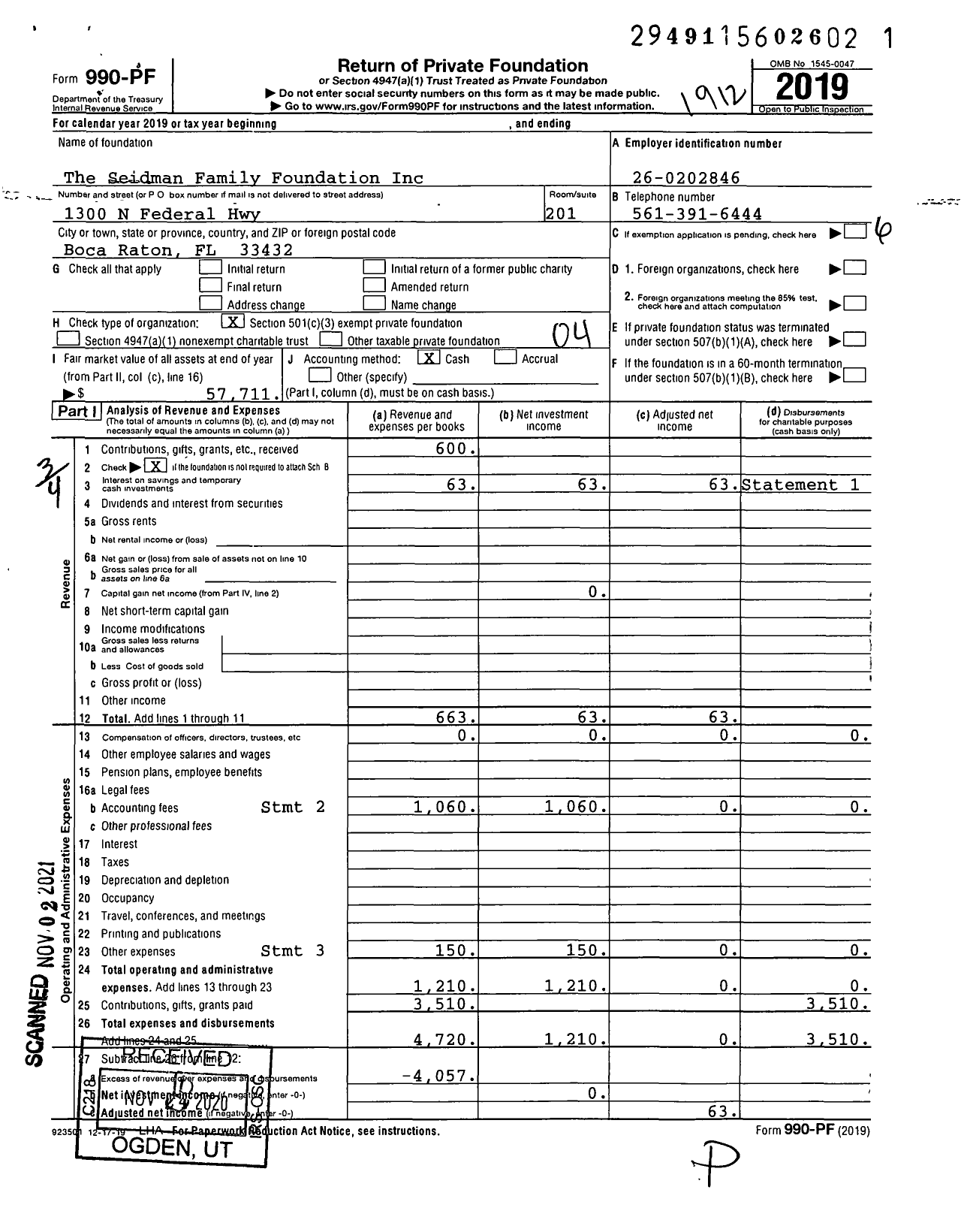 Image of first page of 2019 Form 990PF for The Seidman Family Foundation