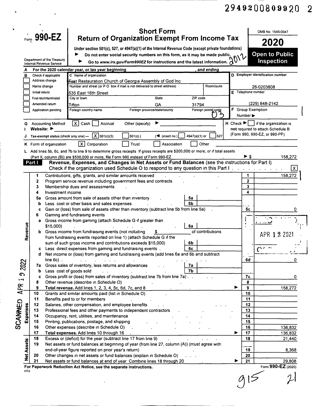 Image of first page of 2020 Form 990EZ for First Restauration Church of Georgia Assembly of God