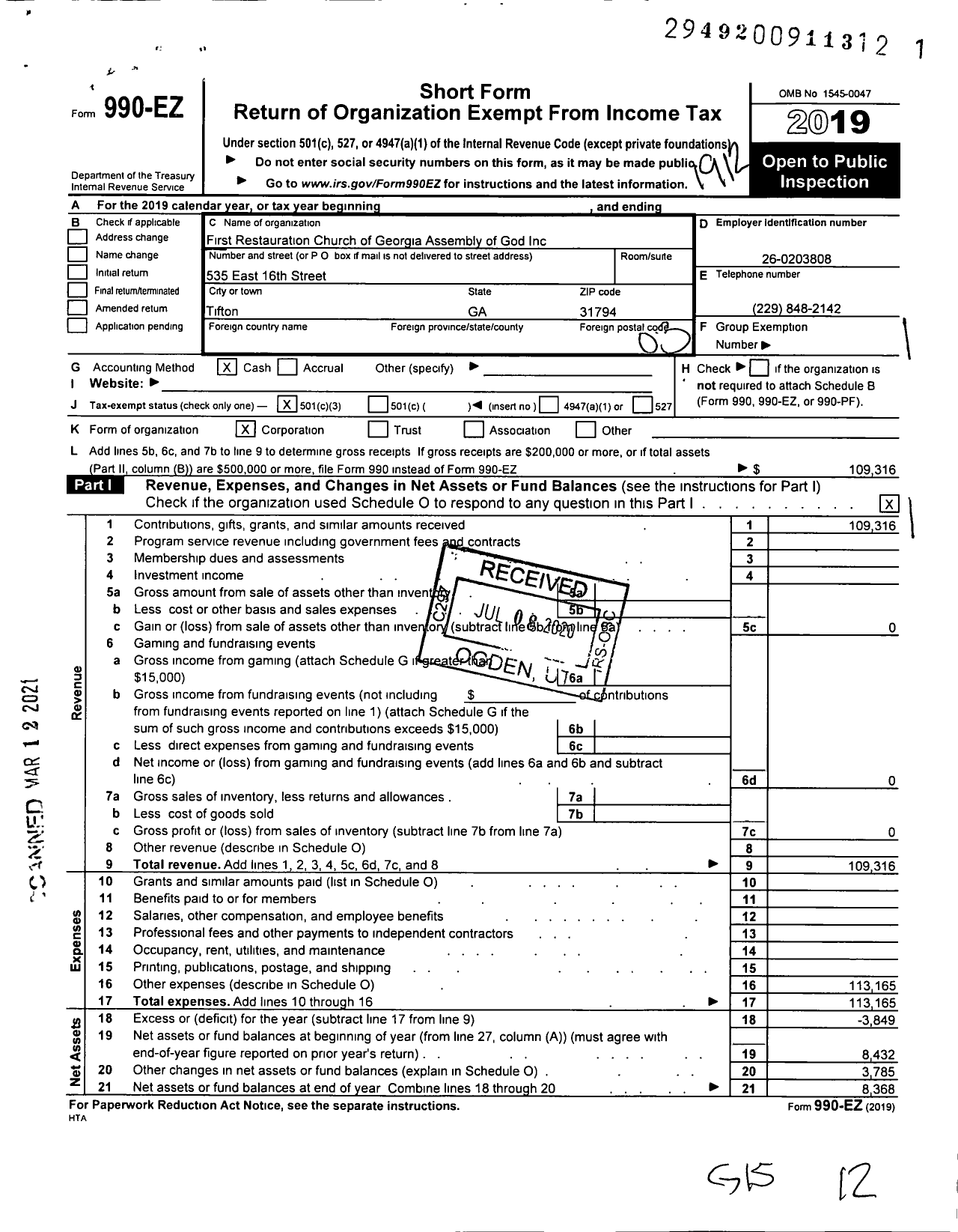 Image of first page of 2019 Form 990EZ for First Restauration Church of Georgia Assembly of God