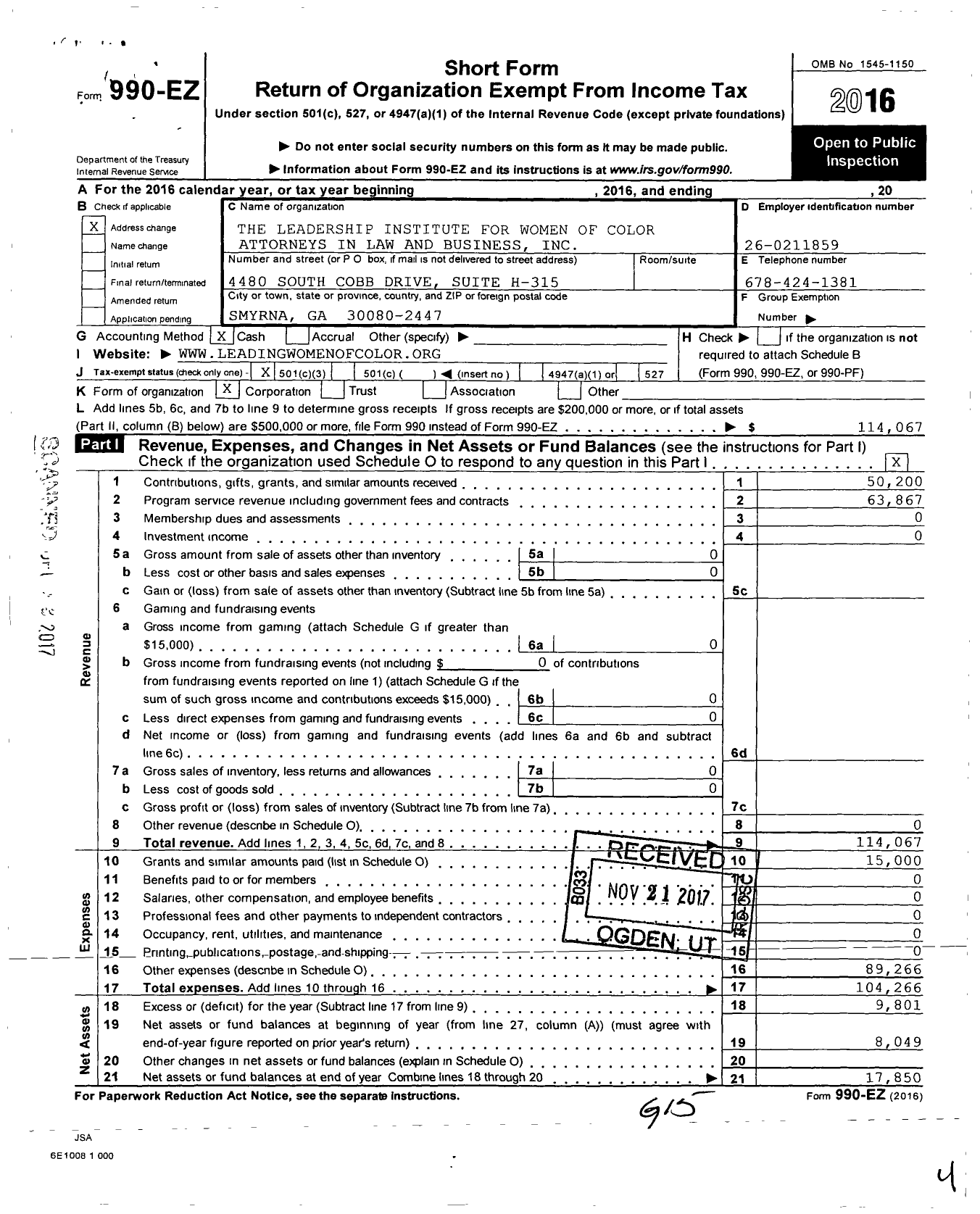 Image of first page of 2016 Form 990EZ for The Leadership Institute for Women of Color Attorn